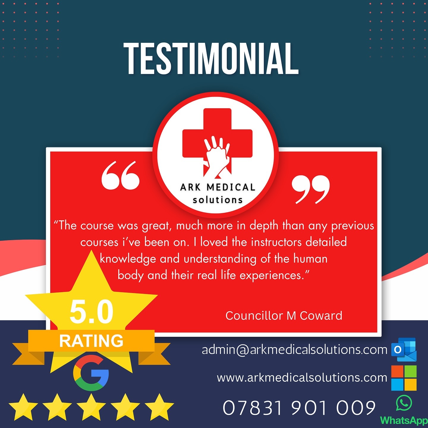 Another 5* Review endorsing why your next First Aid course should be delivered by Ark Medical Solutions.
Our courses are only delivered by those that do the job, not just another instructor. All our staff are serving 999 personnel with current active service and real life experience and expertise.
Spaces still available for:
Basic Life Support & AED 5th November (3.5hrs)
Emergency First Aid at Work 5th November (6hrs)
First Aid at Work 6th - 8th November (18hrs)
https://www.arkmedicalsolutions.com/book-online
#dorset #bournemouth #firstaid #firstaidcoursesdorset #arkmedicalsolutions #cpr #aed #stopthebleeduk