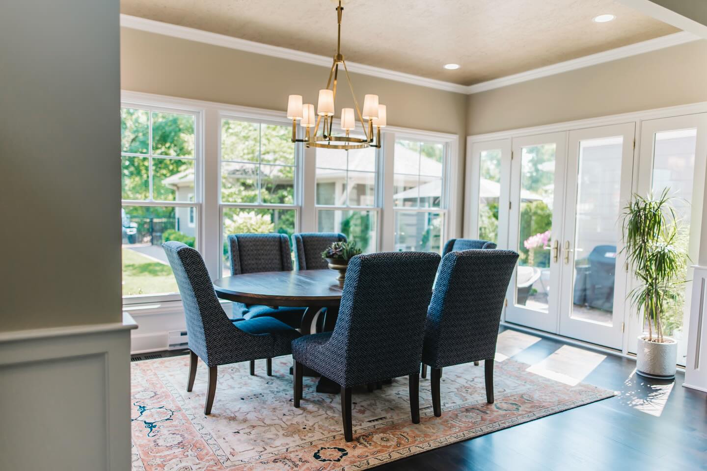 Designing a dining space is all about creating a moment.
We took it up a notch by wrapping the ceiling in wallpaper with a subtle reflective gold fleck—just enough shimmer to catch and disperse the light. ✨
The result? Warm, inviting, and quietly dramatic… because great design doesn’t stop at eye level.
#designstudio #elevatedliving #diningroominspo #michigancityindiana #lakemichiganshore