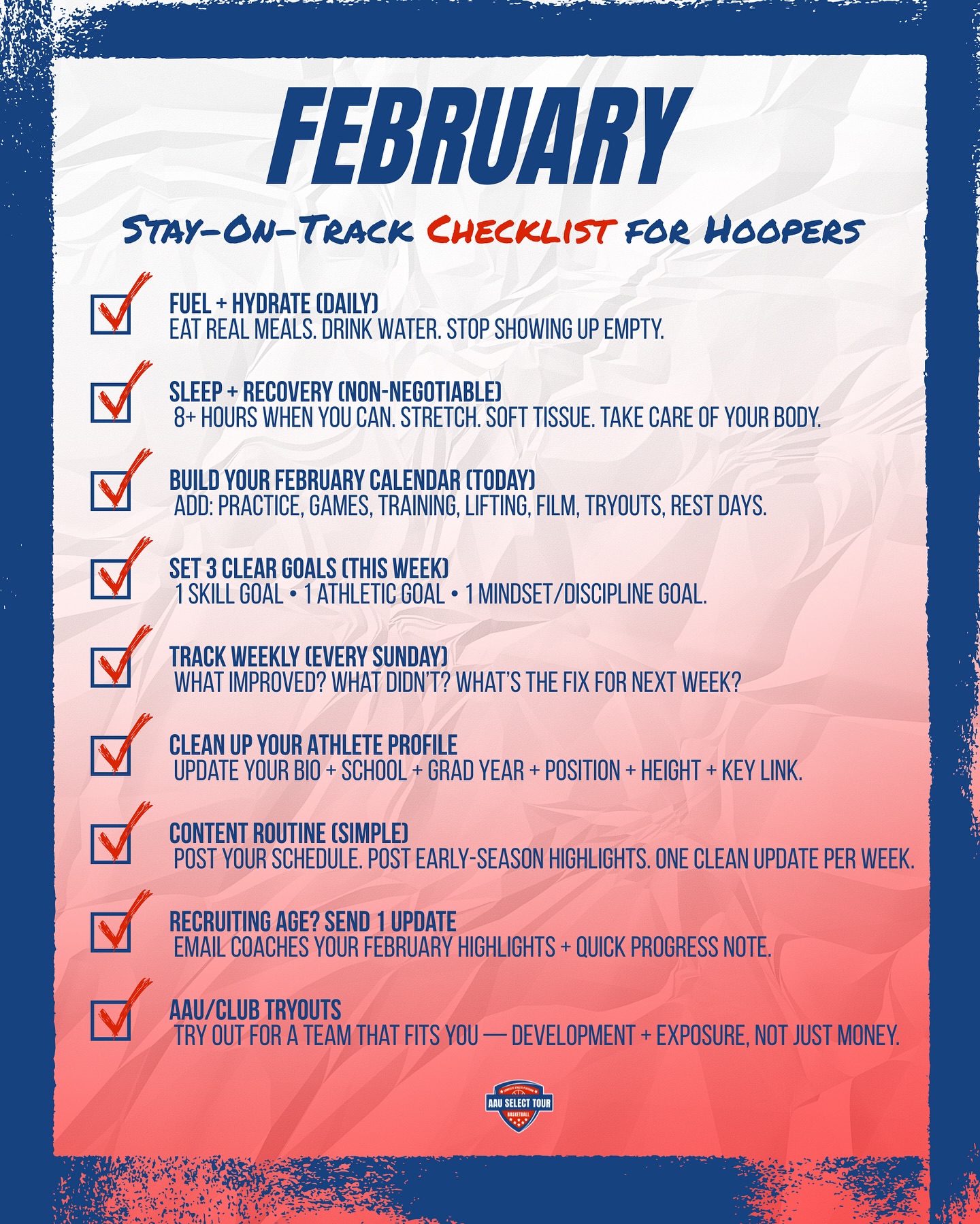You don’t need more motivation. You need a plan.
This is your February Stay-On-Track Checklist ✅
.
Pick 2–3 habits and lock them in this week. Then track it every Sunday. Consistency wins.
.
Full details + templates in the Select 360 article (link below).
Save + share with a teammate who needs this.
.
🏷️ Tag @AAUSelectTour in your highlights.
.
#AAUSelectTour #Select360 #BasketballPlayers #BasketballSeason #Training #Recovery #Hydration #HoopCulture #BasketballGrind #RecruitingHelp #AAUHoops