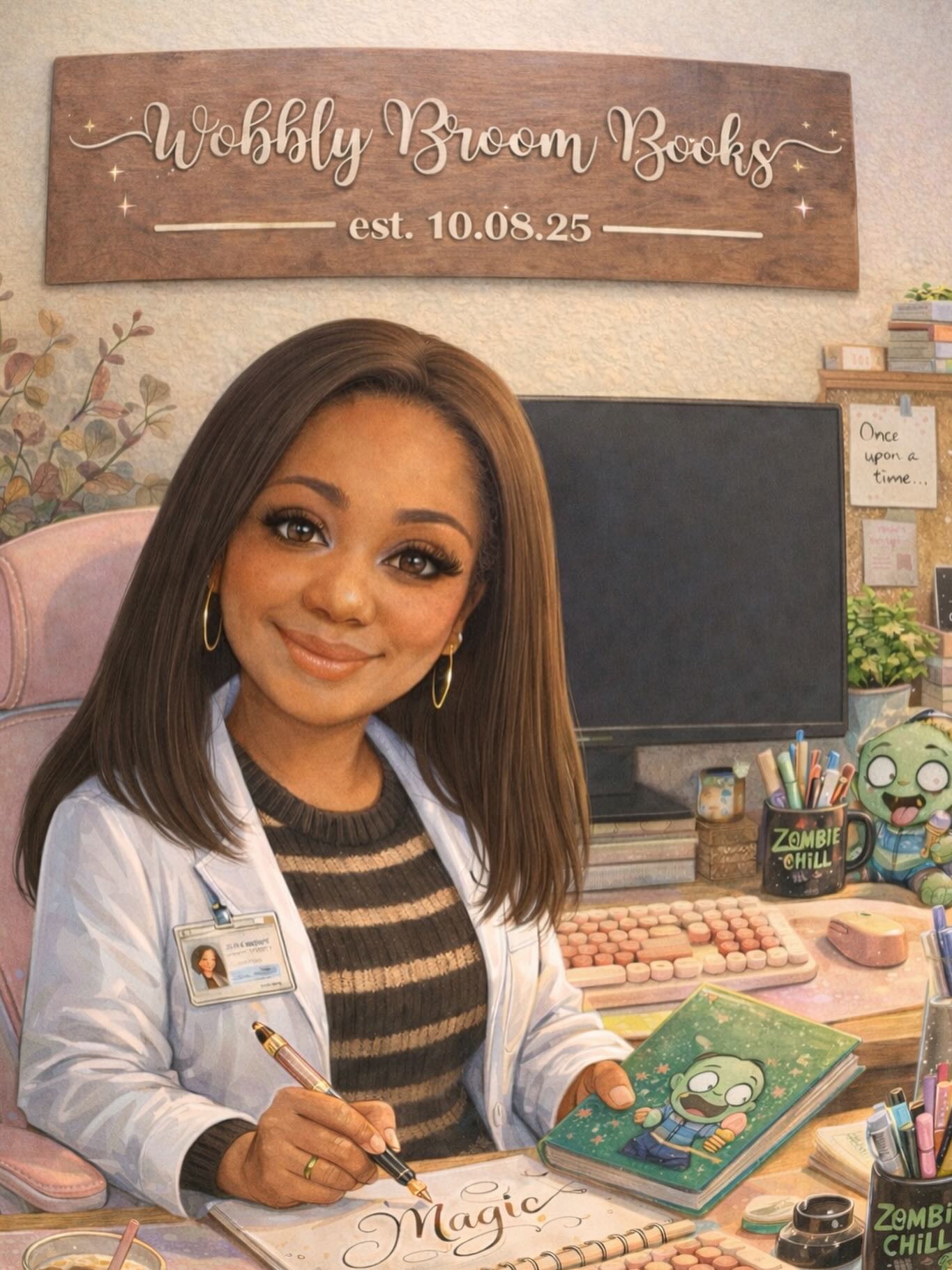 Apparently ChatGPT knows me better than I expected.
SLP. Author. Calligraphy learner. Zombie Chill chaos.
I’ll take it. 😌✨
#ChatGPTTrend
#AuthorLife
#PictureBookAuthor
#SLPLife
#CreativeWomen
#WomenWhoCreate
#IllustratedPortrait
#StorytellingMatters
#cozycreative