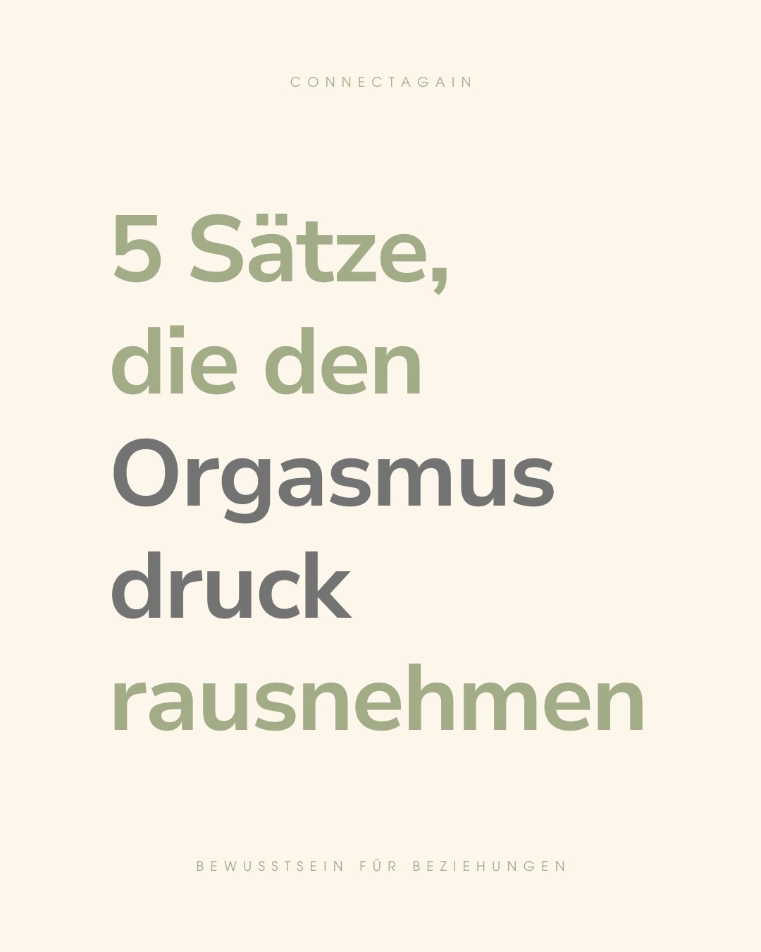 Viele Frauen berichten, dass sie sich beim Sex unter Druck setzen, zum Orgasmus kommen zu müssen. Sie haben das Gefühl, sie brauchen zu lange, es könnte für den anderen anstrengend sein oder es bräuchte nur eine kleine Veränderung – trauen sich aber nicht, das auszusprechen.
Immer wieder höre ich, wie schwer es fällt, sich Zeit zu erlauben, klar zu sagen, was sich gut anfühlt, und dabei wirklich zu entspannen.
Liebe Frauen:
Ihr dürft euch so viel Zeit nehmen, wie ihr braucht!
Und ihr dürft sagen, wie ihr es wollt.
Für die meisten Partner*innen ist das keine Belastung, sondern eine Erleichterung – weil sie wissen, was dir guttut.
Und an alle, die sie nicht „zum Orgasmus bringen“, sondern Druck rausnehmen wollen:
1) „Du musst keinen Orgasmus haben.“
2) „Ich liebe es, dir einfach nah zu sein – ganz unabhängig davon.“
3) „Lass dir Zeit & genieß es.“
4) „Es geht nicht ums Ziel, sondern um uns.“
5) „Sag mir, was sich gut anfühlt.”