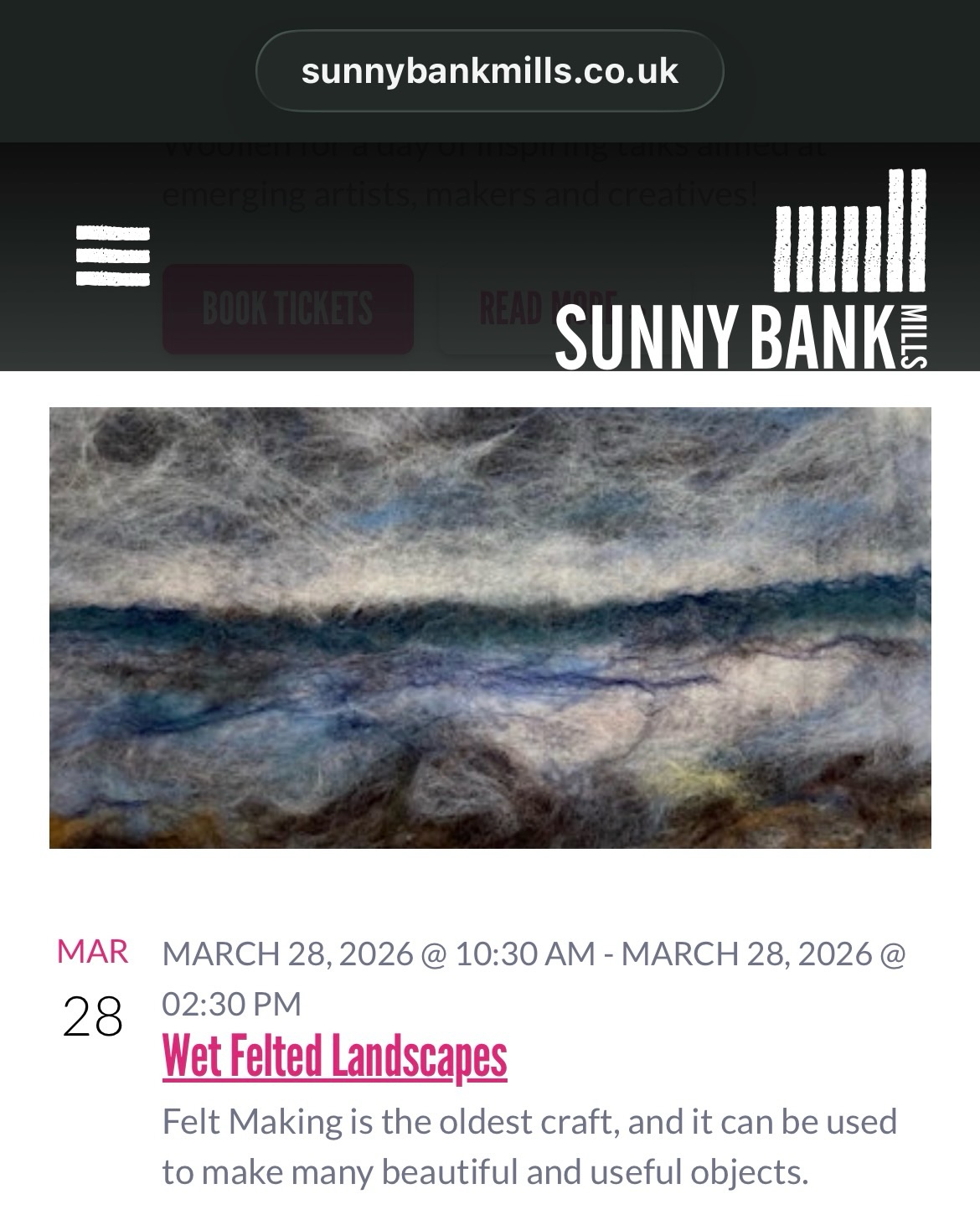 I'm really looking forward to being back at this fab venue @sunnybankmills
If you'd like to join me in squidging wool felt tops to make expressive and moody landscapes, head to the Sunny Bank Mills website to book your place!
Aside of the workshop, I am looking forward to visiting @scrapleeds to rifle through their donated textile goodies, whilst trying not to hyperventilate with excitement. Also, I'll be purchasing some beer from @amitybrewco . It's a lovely day out, if you haven't yet been it is well worth a visit. Check the opening hours for the Scrapstore, they aren't open every day, but they do on Saturdays ... whoop! 🎉🎉🎉
#scrapstore #wetfelting #sunnybankmills
