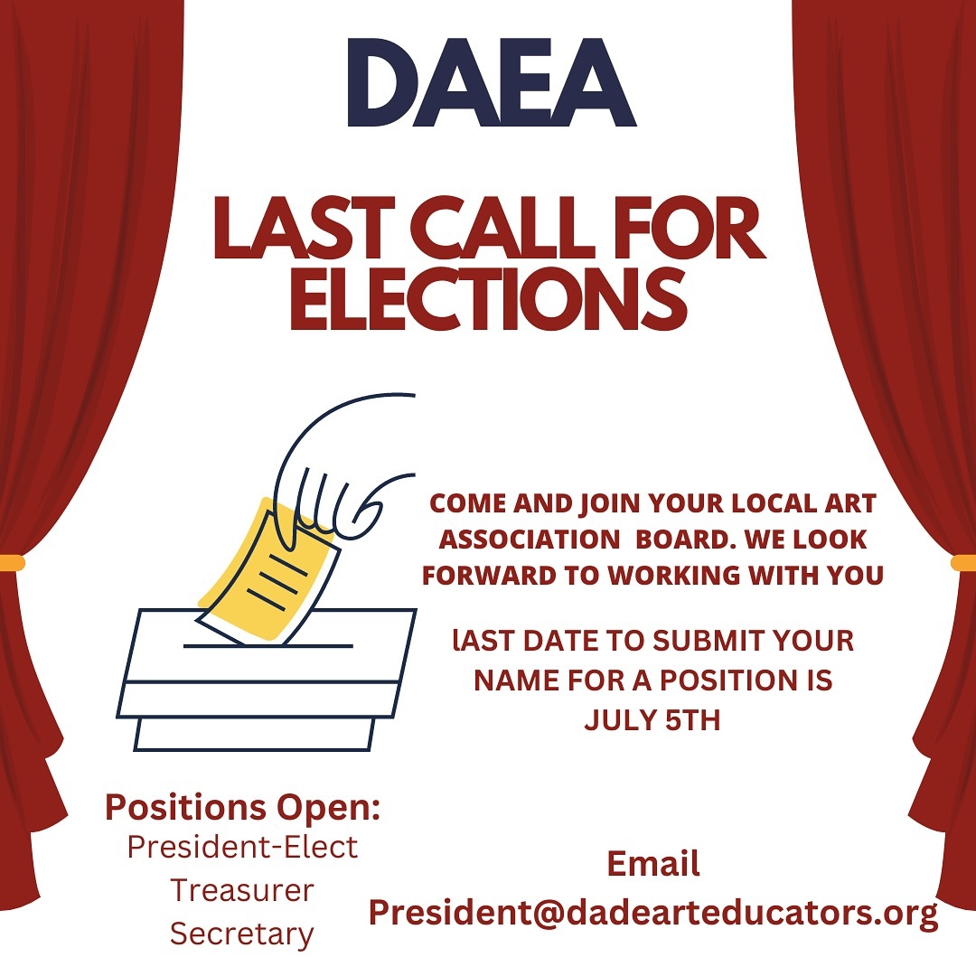 Are you purpose driven?
Are you interested in helping others?Are you committed to shared goals?
Are you an active listener?
You are the leader DAEA is looking for! Cast your vote for one of these exciting positions. Begin your journey in leadership in art education and discover your purpose!
#dadearteducatorsassociation
#leadership
#discoveryourpurpose