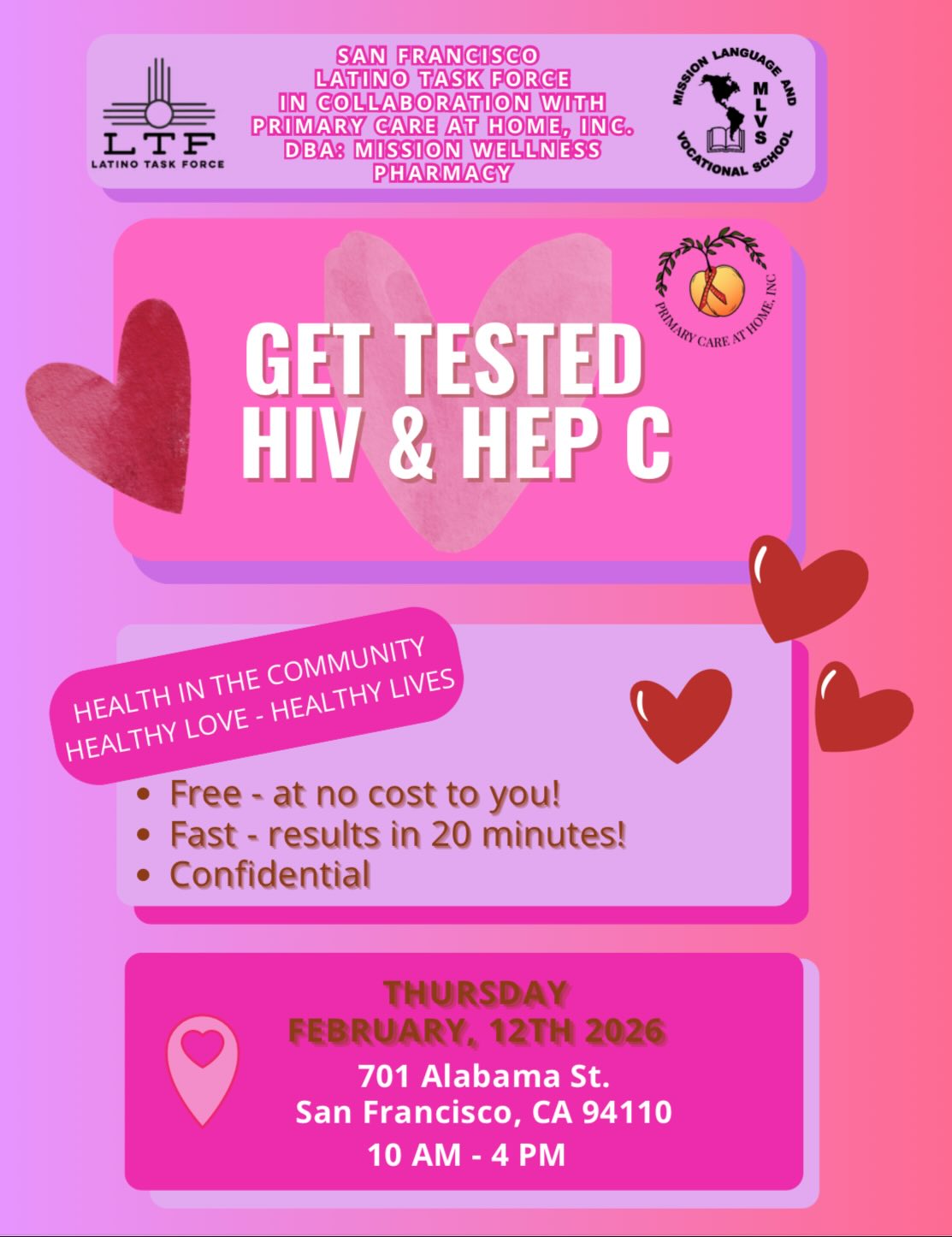 ❤️ Roses are red, violets are blue, loving yourself means getting tested too! 🩺✨
Valentine’s Day is almost here, and there’s no better way to show love to yourself and your loved ones than staying on top of your health.
We’re offering FREE HIV & HEP C testing at two of our San Francisco Resource sites! 🥳
Stop by, take charge of your wellness, and keep yourself safe.
📍 Where to find us:
• 701 Alabama St, San Francisco, CA 94110
• 4834 Mission Street, San Francisco, CA 94112
It’s quick, easy, and confidential. See you there! 💖
#ValentinesDay2026 #SFHealth #CommunityCare #FreeTesting
❤️ Las rosas son rojas, las violetas son azules, ¡quererse a uno mismo significa hacerse las pruebas también! 🩺✨
El día de San Valentín está a la vuelta, y qué mejor manera de demostrarte amor a uno mismo y a tus seres queridos que mantenerse al día con tu salud.
¡Ofrecemos pruebas GRATUITAS de VIH y hepatitis C en dos de nuestros centros de recursos de San Francisco! 🥳
Venga a visitarnos, encarguese de su bienestar y manténgase a salvo.
📍 Dónde encontrarnos:
• 701 Alabama St, San Francisco, CA 94110
• 4834 Mission Street, San Francisco, CA 94112
Es rápido, fácil y confidencial. ¡Nos vemos allí! 💖