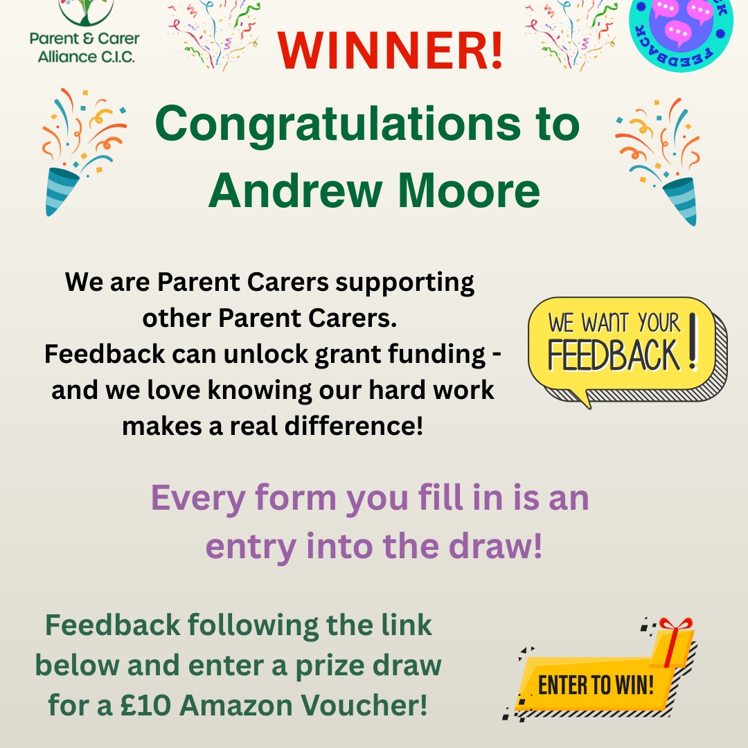 We have a Winner!🎉
Congratulations to Andrew!🎉
It could be you! if you've received support or attended one of our events, give us feedback and enter the Draw!
https://www.parentandcareralliance.org.uk/feedback-landing-page