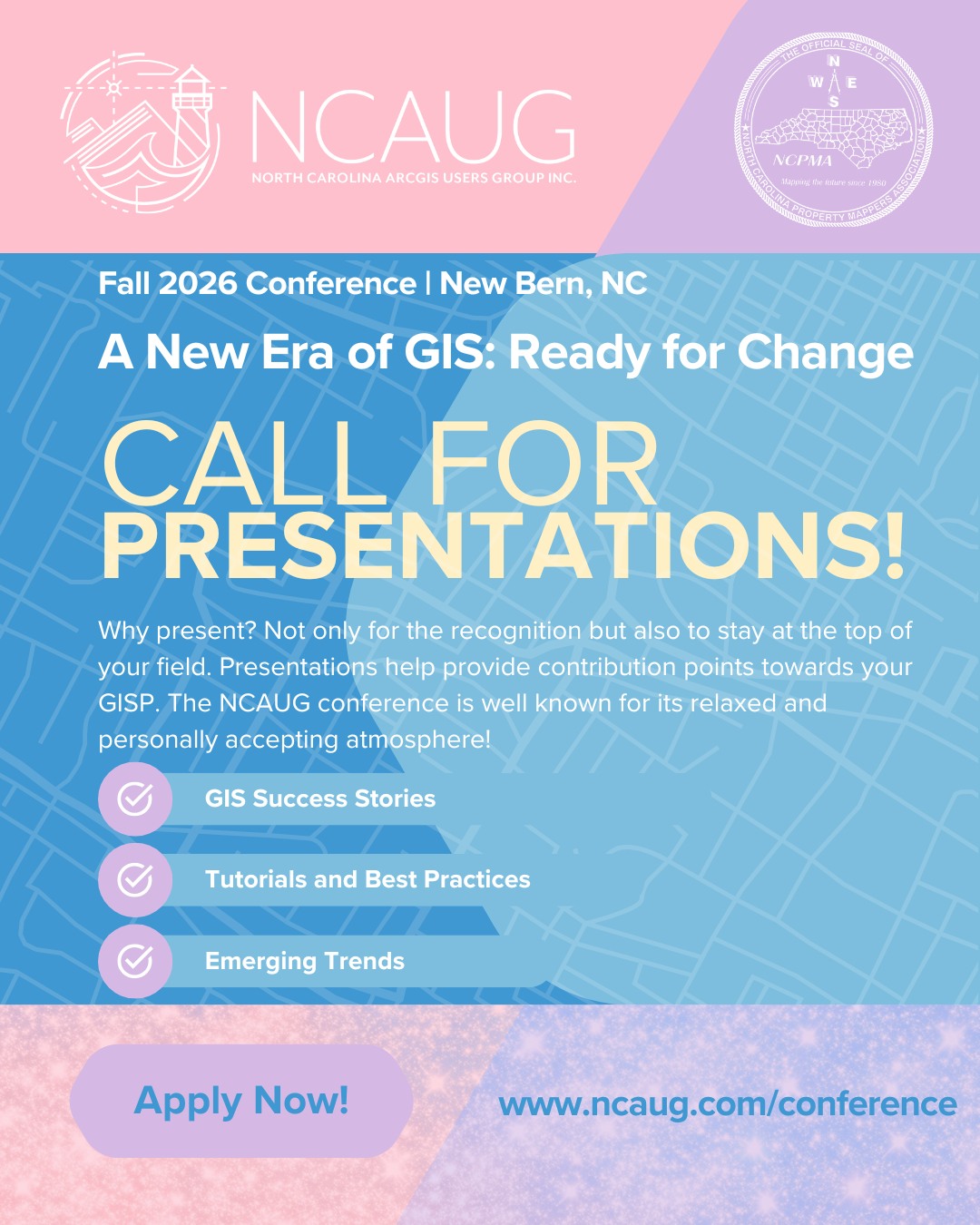 📢 Calling all GIS professionals and friends!
It's a new era of GIS, and we're ready for change! NCAUG is excited to announce that the Call for Presentations is now open for our 2026 Annual Conference in beautiful New Bern, NC!
📅 Conference Dates: September 30 – October 2
🧑🏫 Pre-Conference Workshops: September 29–30
Share your innovative GIS projects, research, and insights with a vibrant community of geospatial professionals. Presenting at our conference not only offers recognition but also contributes towards your GISP certification points.
Submit your proposal by May 18th, to be part of this enriching experience. Selected presenters will receive the benefit of the early bird conference registration rate.
Don't miss this opportunity to showcase your work and connect with peers in a relaxed and welcoming atmosphere.
🔗 Submit your proposal today through the conference website: www.ncaug.com/conference