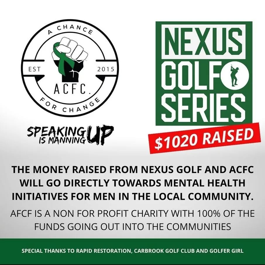 Huge thanks to @nexusgolfseries and @scottferris for there generosity and support! We can't thank you guys enough. 🙏🏽👊🏽💚⛳️
#mensmentalhealth #mentalhealthawareness #mentalhealthmatters #nexusgolfseries #speakingupismanningup