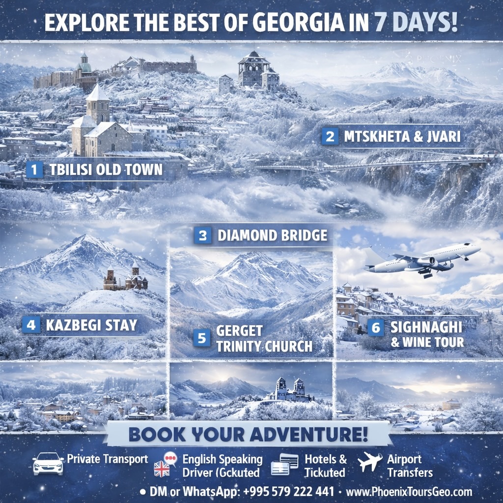 Discover the best of Georgia in just 7 unforgettable days 🇬🇪✨
Experience mountains, history, wine, and breathtaking landscapes with our private comfort tour.
📍 Day 1 – Explore Tbilisi Old Town
📍 Day 2 – Mtskheta • Jvari • Chronicle of Georgia
📍 Day 3 – Diamond Bridge at Dashbashi Canyon
📍 Day 4 – Scenic drive to Kazbegi (overnight in the mountains)
📍 Day 5 – Gergeti Trinity Church & return to Tbilisi
📍 Day 6 – Kakheti wine region & Sighnaghi
📍 Day 7 – Departure transfer
✔ Private transportation
✔ English-speaking driver
✔ Airport transfers
✔ Hotel accommodation with breakfast
✔ All fuel & parking included
Travel comfortably. Discover authentically. Fall in love with Georgia.
📩 DM us for price & availability
📞 WhatsApp: +995 579 222 441
🌐 PhoenixToursGeo.com
#GeorgiaTravel #VisitGeorgia #Tbilisi #Kazbegi Gergeti DiamondBridge Sighnaghi KakhetiWine TravelGeorgia PrivateTour LuxuryTravel TravelInStyle ExploreGeorgia CaucasusTravel MountainViews WineTour TbilisiGeorgia PhoenixTours Travel2026 BucketListTravel