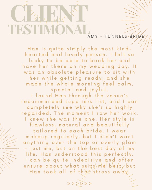 Some days I really have to stop and remind myself how lucky I am 🤍
Being part of weddings, creating bridal hair and makeup, sharing those quiet, emotional, pinch-me moments with brides on one of the biggest days of their lives… it honestly never gets old.
After 15 years of being involved in weddings, I can truly say I still love it just as much as I did at the start. When you do what you love, it really doesn’t feel like work — it feels like a privilege 🥹✨
A huge thank you to all the brides who have taken the time to leave a Google review. I’ve now managed to restore my Google profile (finally!), and if anyone would like to leave an honest review, or left a Facebook review and would mind copying it into google, I would be so incredibly grateful 🤍 It means more than you know and helps my little business so much.
Here is gorgeous Amy’s review — such a special bride and an absolute dream to work with 💫
More photos of Amy and her beautiful day from Tunnels are on the previous post and up close hair & makeup pics that I took are on the grid too 🥰
Thank you @alupton17 🤍 you are the best!
