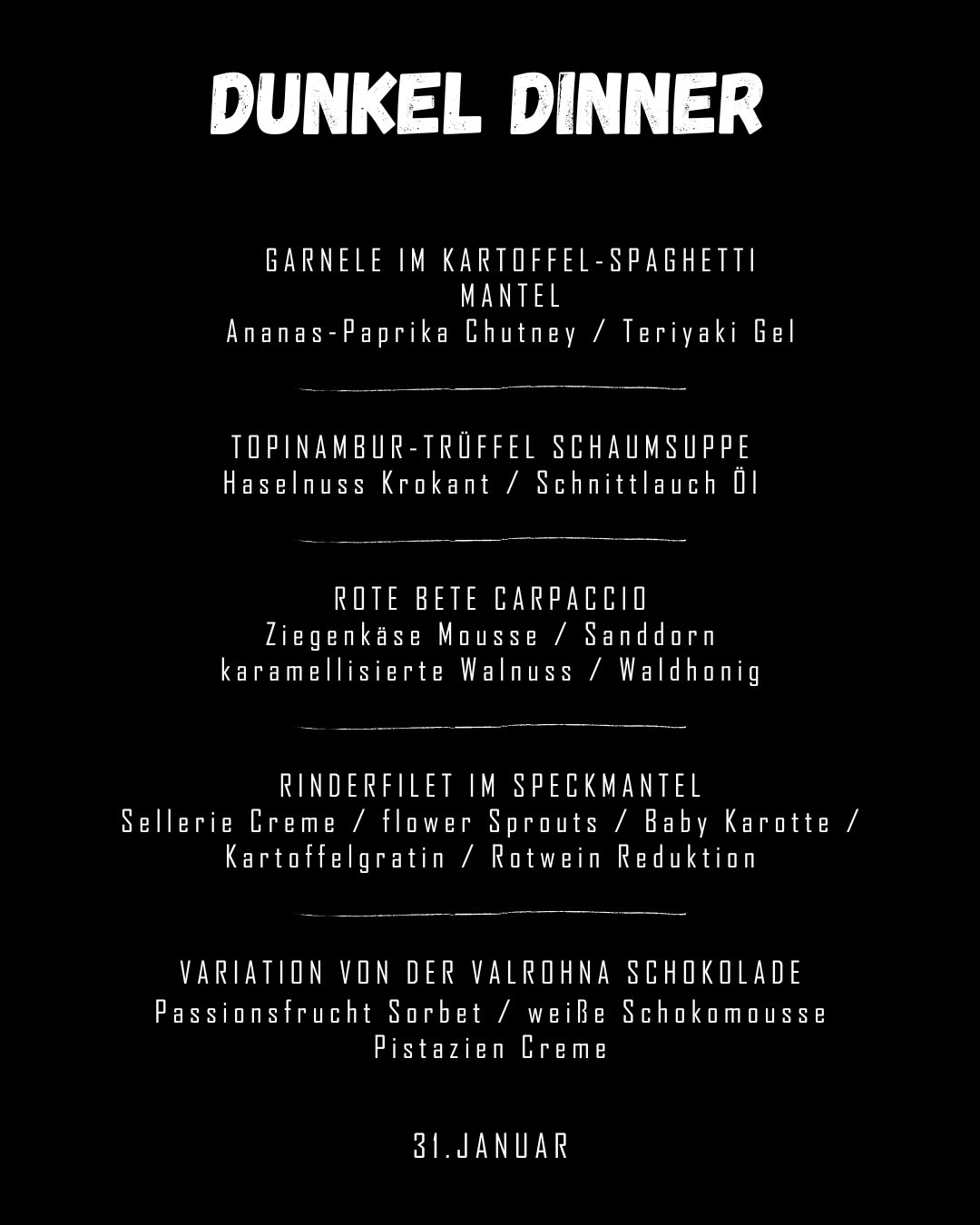 Gestern fand das erste Pier 6 Dunkeldinner statt - das war unser unser Menü.
Es wurde viel gerätselt, probiert & neu entdeckt.
Vielen Dank an Alle, die sich auf das Experiment eingelassen haben. Der Abend hat uns viel Freude bereitet!
#pier6 #bremerhaven #dunkeldinner