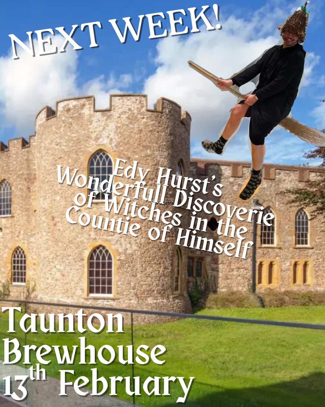 We’re back for what is the final (maybe ever) date of Edy Hurst’s Wonderfull Discoverie of Witches in the Countie of Himself!
And where better to fly down ‘pin the broom than the lovely @brewhouselive
The ⭐️⭐️⭐️⭐️⭐️ show about discovering you’re a Lancashire Witch and that also the Vengaboys made a concept album about travelling the world is coming to sweet Somerset in just over a week!
#edyhurstswonderfulldiscoverieofwitchesinthecountieofhimself #vengaboys #witchesofinstagram🔮☪️🌑🧙