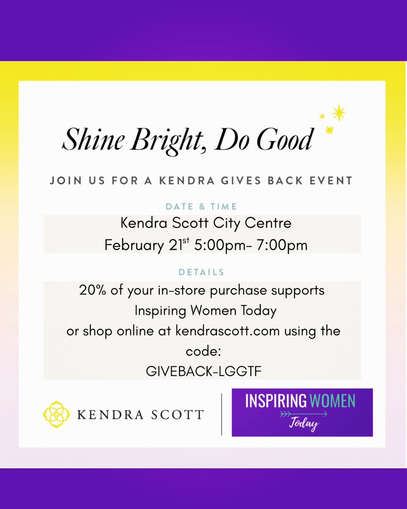 Save the date! Shop for Good and help us end #endperiodpoverty!
✨Inspiring Women Today is so excited to be invited back to Kendra Scott for a Give Back Event. Join us on Feb. 21st between 5pm-7pm at @kendrascott City Centre Location - Houston, TX.
✨20% of your purchase will benefit @InspiringWomen.Today (be sure to mention us at checkout)
If you’re an online shopper, you can still support us! 20% of your online purchase from from 2/21 at 12AM to 12/22 at 11:50PM will go to our mission.
Use Code: GIVEBACK-LGGTF
Inspiring Women Today (IWT) is a 501(c)3 nonprofit organization that seeks to uplift & empower girls and women AND fight period poverty for menstruators in Texas.
#giveback #kendrascottgiveback #charitablegiving #endperiodpoverty