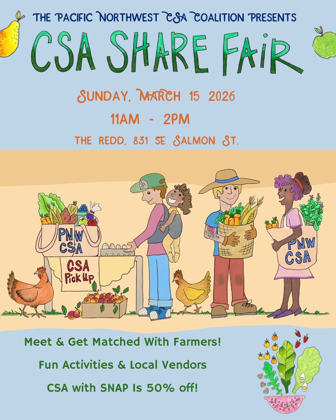 🌱 The CSA Share Fair is back! 🌱
Curious about CSA but not sure where to start? Already into CSA but looking for the right fit? This event is for you.
Join us at the CSA Share Fair on March 15th to meet local farmers, explore all kinds of CSAs (veggies, meat, eggs, dairy, fish, flowers, and more), and get help narrowing down your options.
Our CSA matchmakers are there to listen to what you want, pickup style, season length, budget, and point you toward farms that actually make sense for you.
Wander, chat with farmers, swap cookbooks, let the kids play, and take your time.
And find out how to use SNAP to purchase a vegetable CSA for half off.
📅 Sunday, March 15 | 11–2
📍 The Redd, 831 SE Salmon St
Free and open to everyone. Register via the link in bio.
📷 @shawnlinehan
🖼️ @carrot.condo
#PNWCSA #CSAShareFair #EatLocal #SupportSmallFarms #FoodAccess #PortlandEvents #CommunityFood