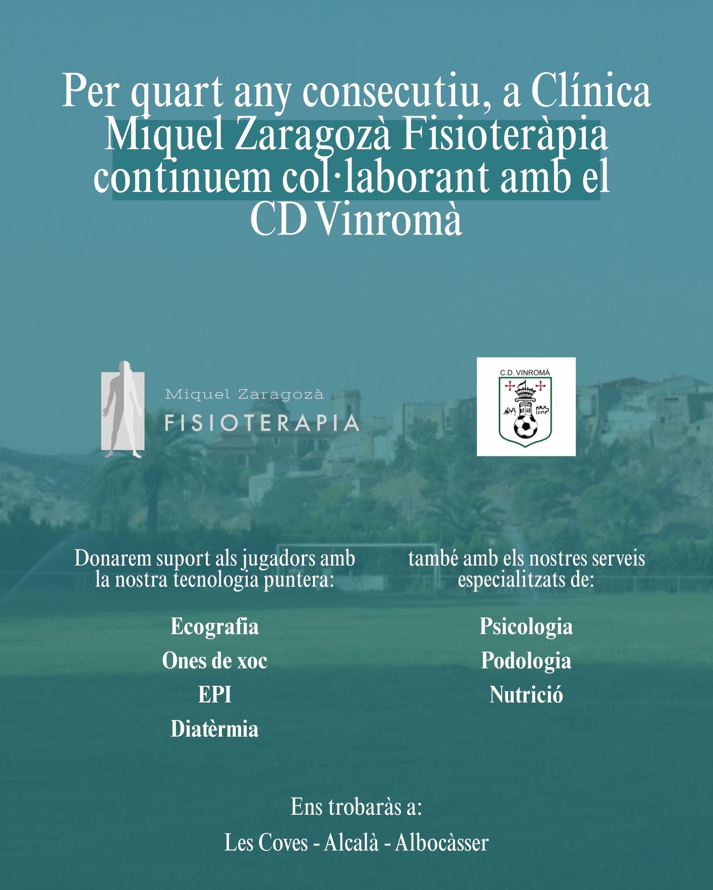 ⚽❤️4 anys al costat del CD Vinromà ❤️⚽
Per quart any consecutiu, a Clínica Miquel Zaragozà Fisioteràpia continuem col·laborant amb el CD Vinromà, reafirmant el nostre compromís amb l’esport i el talent local.
Creiem en els valors de l’esport: esforç, constància, treball en equip i superació. Per això, ens enorgulleix seguir donant suport als qui els viuen cada dia dins i fora del camp
Seguim apostant pel benestar, la salut i l’esport del nostre poble 💪
#miquelzaragozafisioterapia #cdvinromà #esportlocal #alcalà #lescovesdevinromà albocàsser