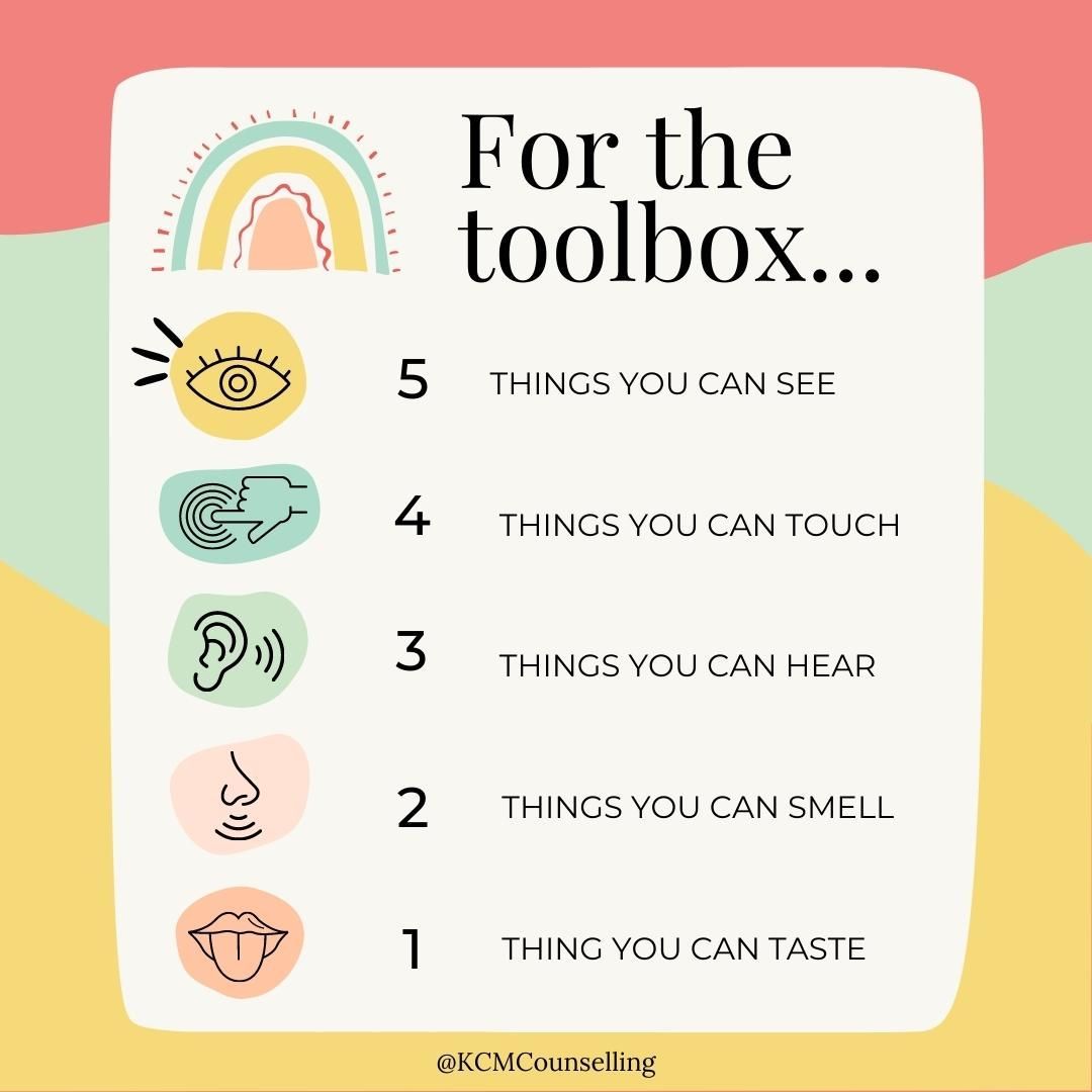 🧰 Interested in building a toolbox of strategies that can help ground you during tough moments? 🧰
Often, some of the goals we set in therapy together involve coming away with tools that you can pull out in times of distress. One of my favourite grounding tools to start with is "54321" because it can be performed privately and in a lot of different environments (e.g. on a walk, sitting in the library, on the bus, in the middle of an exam, etc.).
Step 1: Look around and spot 5️⃣ things in your environment. Can you find a detail on that item that maybe you wouldn't have noticed in passing? (e.g. Notice that your water bottle has a few scratches in the paint).
Step 2: Find 4️⃣ things in your environment that you can safely touch and notice how it feels. Is it cool to the touch? What's the texture? (e.g. Notice that one part of the fabric of your shirt feels more worn than another part).
Step 3: Listen to your environment and see if you can separate out 3️⃣ different elements. (e.g. Notice that you can hear your dog breathing and a car passing on the street outside).
Step 4: Find 2️⃣ distinct things you can smell. You can even use the clothing that you're wearing! (e.g. Notice that your ponytail still smells like your shampoo from this morning and that your sweater sleeve still smells like your laundry detergent.)
Step 5: Take a moment and find 1️⃣ thing you can safely taste, like a sip of your beverage or a snack. It can also be as simple as noticing what your mouth currently tastes like. (e.g. Notice that your mouth tastes like stale coffee or the gum you were chewing earlier).
✅ Done!
✨ Practicing 54321 in times of low stress may also help you feel more comfortable using this tool when you are feeling upset. ✨
Have you ever tried this tool? Did you feel grounded afterwards?
🏷
#therapy #mentalhealthtools #groundingtools #psychotherapy #ygktherapist #ontariotherapist #anxietyrelief #kcmcounselling