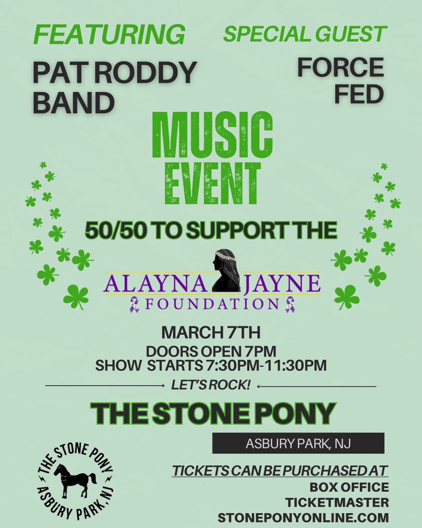 ✨ Mark your calendars for March 7th! 🎶 Join us at The Stone Pony for an unforgettable night featuring the Pat Roddy Band and Force Fed! 🎸 Not only will you enjoy amazing music, but you’ll also be supporting the Alayna Jayne Foundation, dedicated to assisting adolescent and young adult (AYA) cancer patients. 🎗️
💚 Learn more about our mission and how you can help this incredible cause! Don’t forget to stop by our tables for 50/50 tickets—our volunteers will also be calling around! 🎟️
We are truly grateful for the support of these fantastic bands and the opportunity to be part of this special night.
➡️ Limited $20 tickets are available! 🎫Contact Colleen via email: events@alaynajaynefoundation.org
#LiveMusicForACause #SupportCancerAYA #StonePonyNight
➡️ Check the link in our bio for full-price tickets! 🎫