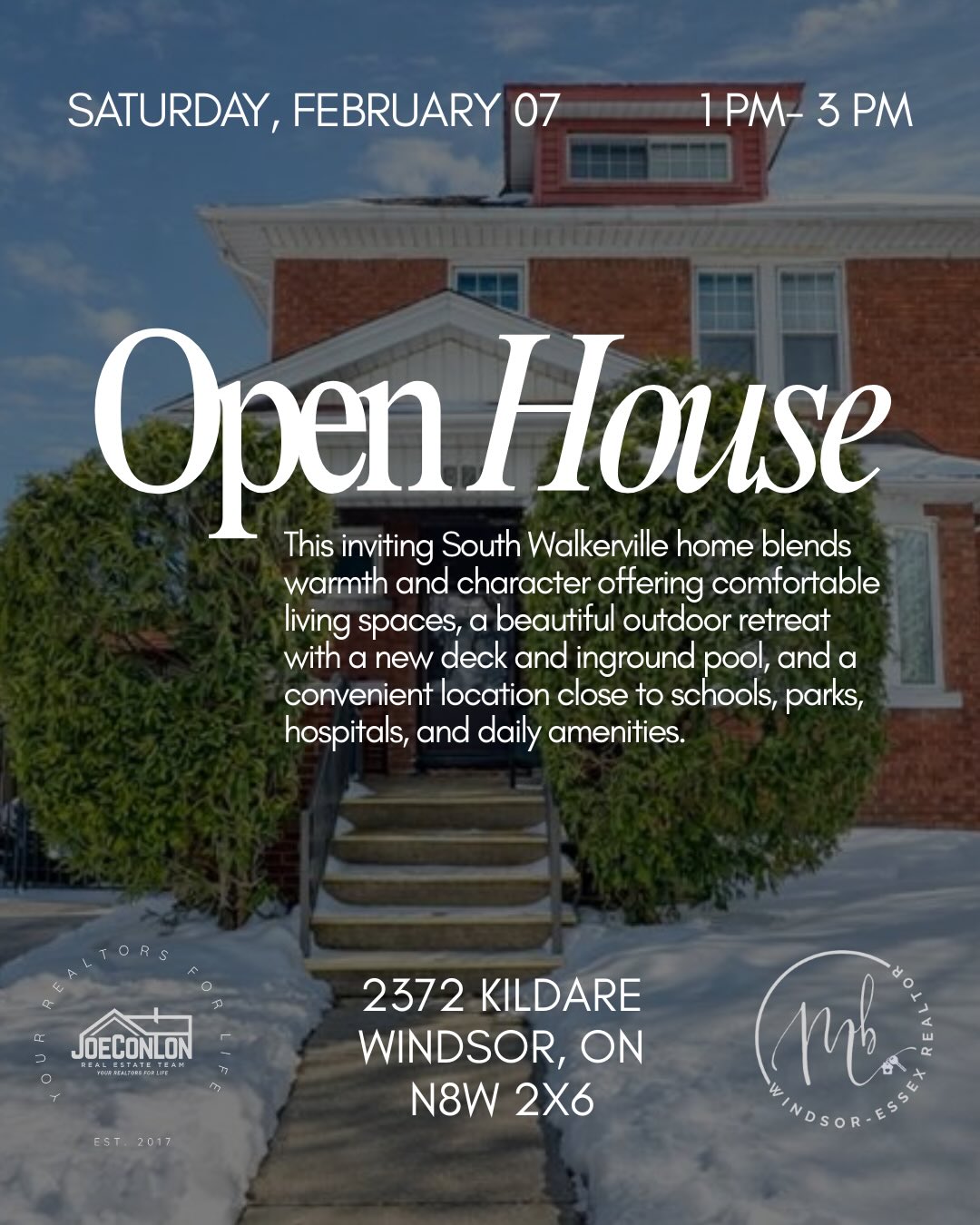 🏡 Open House – Saturday, Feb 7 | 1–3 PM
You’re invited to tour this inviting South Walkerville home that blends warmth and character with comfortable living spaces and a beautiful outdoor retreat featuring a new deck and inground pool. Located close to schools, parks, hospitals, and everyday amenities, this home is perfect for relaxed living and entertaining—come see it for yourself this Saturday from 1–3 PM!