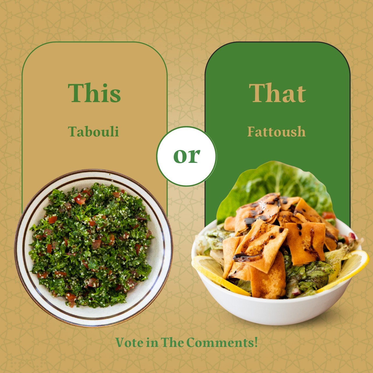 It's a showdown of salads! 🥗 Tabouli or Fattoush, which one gets your taste buds tingling? Cast your vote in the comments and let's settle this delicious debate! 💬🤤 #SaladShowdown #ThisOrThat #FoodDebate #ChooseYourFavorite #SaladLover #Tabouli #Fattoush