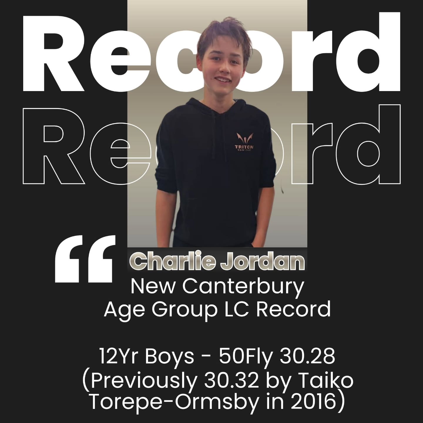 Charlie Jordan broke the 12yr old boys 50m Butterfly Canterbury LC Record at the 2026 Canterbury LC Champs.