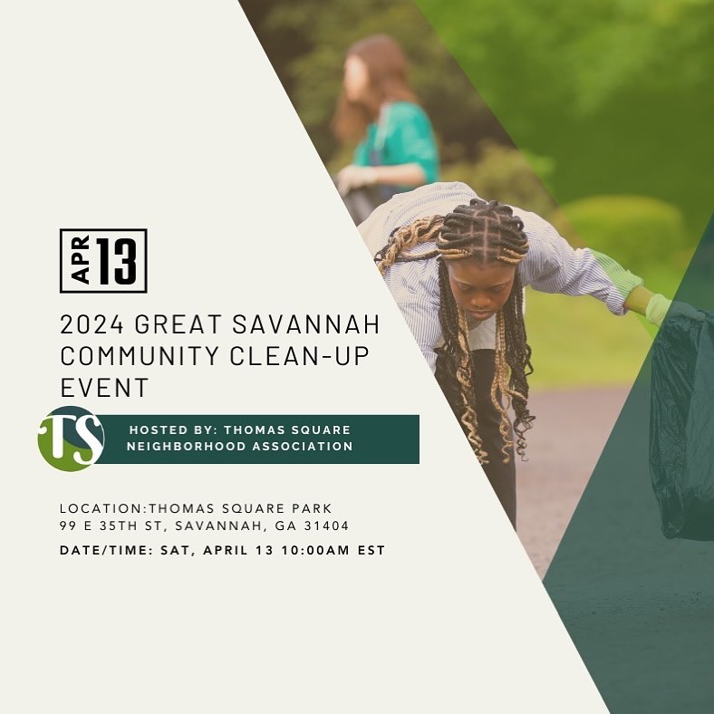 Join us on Saturday, April 13th at 10AM in Thomas Square for our 2024 Great Savannah Community Cleanup event. Featuring free bagels, pastries and coffee for volunteers. Along with the City of Savannah, we will provide you with everything you need to beautify our neighborhood and clean up litter, including: hand sanitizer, gloves, bags, trash-pickers, and more. Starting at 10 AM, we will form groups to cover Anderson Street to Victory Street, and MLK Street to Broad Street. Arrive back to Thomas Square with your group + litter collection between 11:30-12 PM. To register for the clean up event please click the link in our bio. #keepthomassquarebeautiful