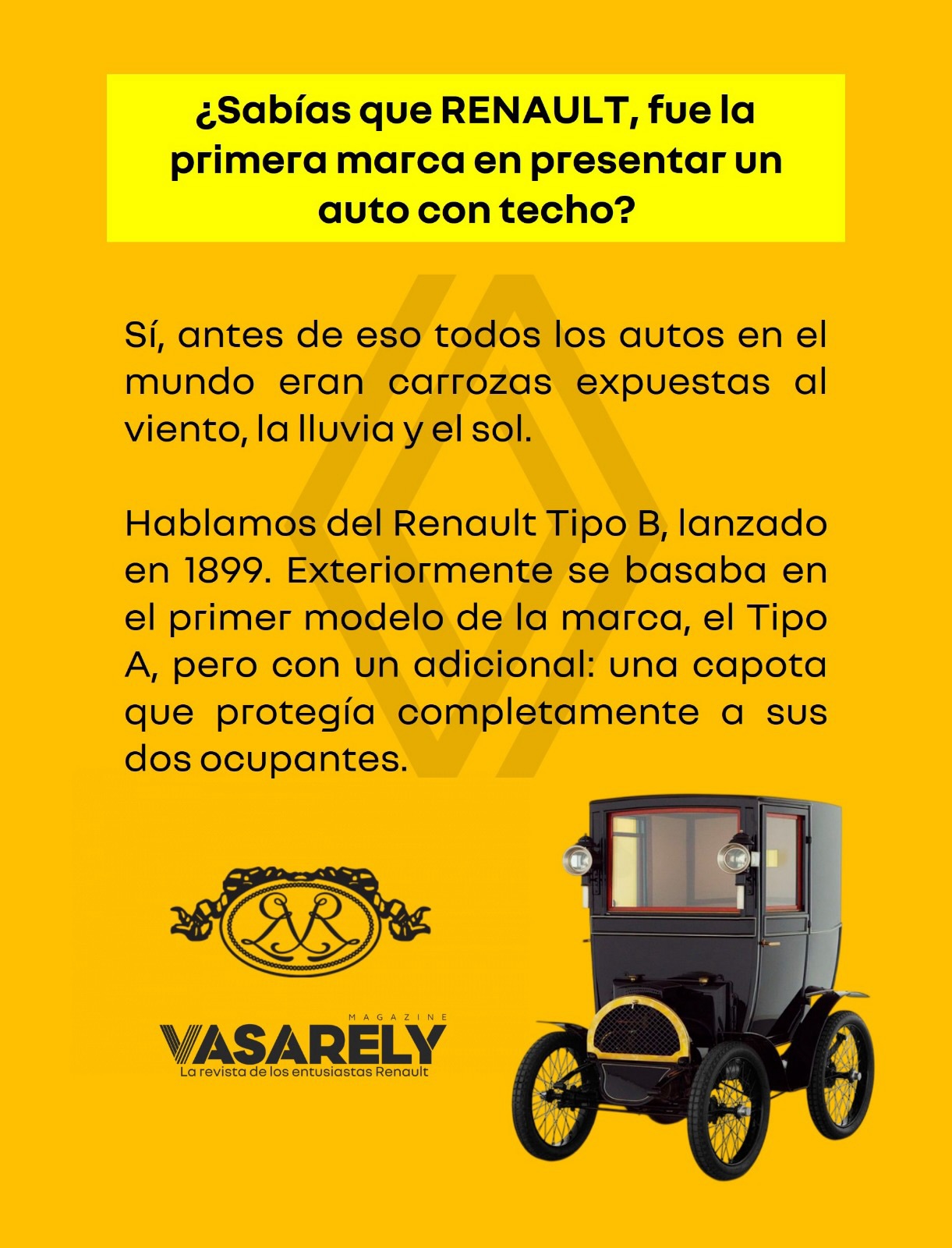 Desde su segundo modelo, Renault pensó en la comodidad de los viajeros ofreciéndoles el primer auto de conducción interior del mundo. Renault Tipo B es fruto de una colaboración establecida en 1900 con el carrocero Labourdette.
Este segundo modelo de la marca contaba con los avances técnicos de Tipo A, en particular la caja de cambios de toma directa patentada por Louis Renault, pero con algo más de potencia y velocidad, gracias a su motor De Dion-Bouton de 450 cm3 y 2,75 CV, alcanzaba los 45 km/h y pesaba tan solo 360Kg.
¿Conocías este auto tan importante para la historia del automóvil?
Disfruta, dale like y comparte.
#LoisRenault #RenaultTypeB #OriginalsRenault #Renault