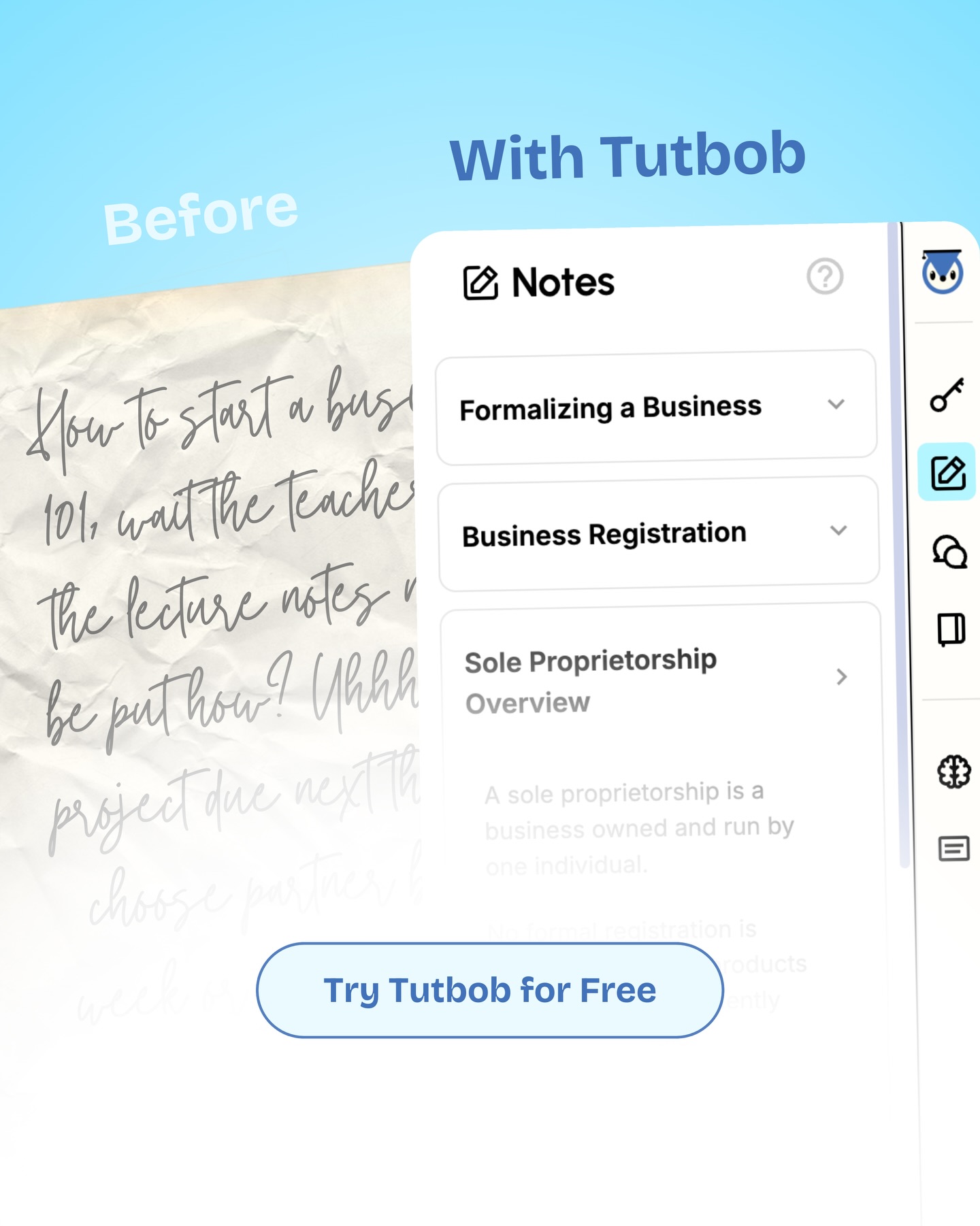 Revising your notes and realise… you wrote nothing useful?
Tutbob listens, extracts the key concepts, and writes the notes you meant to take, in your learning style.