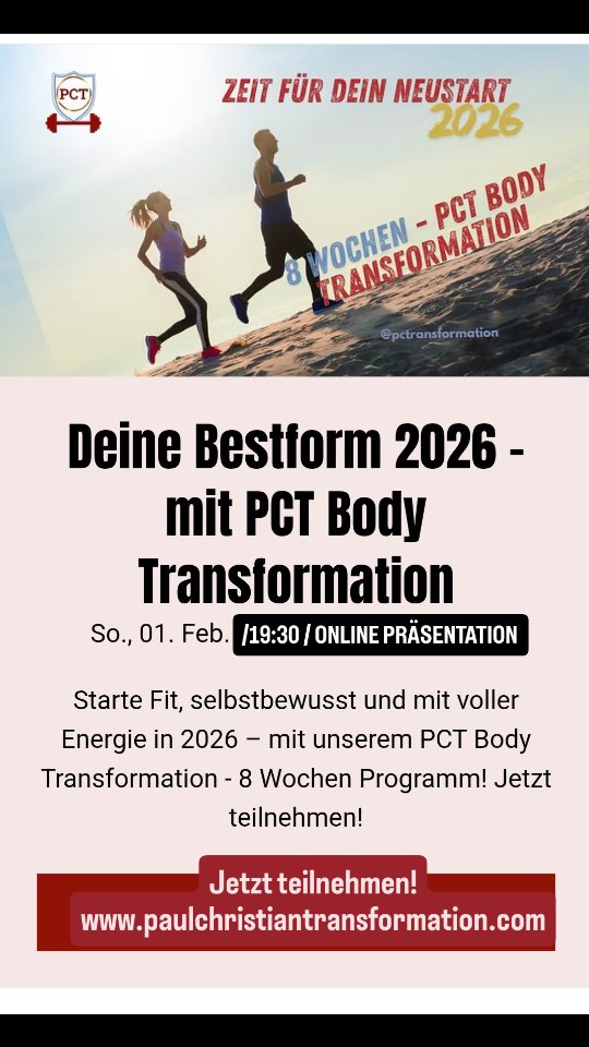 Bereit endlich deine BESTFORM zu erreichen? Dann sei dabei, an unseren Online Präsentation um 19:30. Und erfahre wie du sichbare und nachhaltige Transformation erreichen kannst!
Livestream auf Facebook
> @paulchristiantransformation
Event-Link in Bio!
Oder kommentiere mit " Transformation " und erhalte den Link.
#pctbodytransformation #Transformation2026
#fitnesschallenge #ernährungsplan holistichealth badenaargau