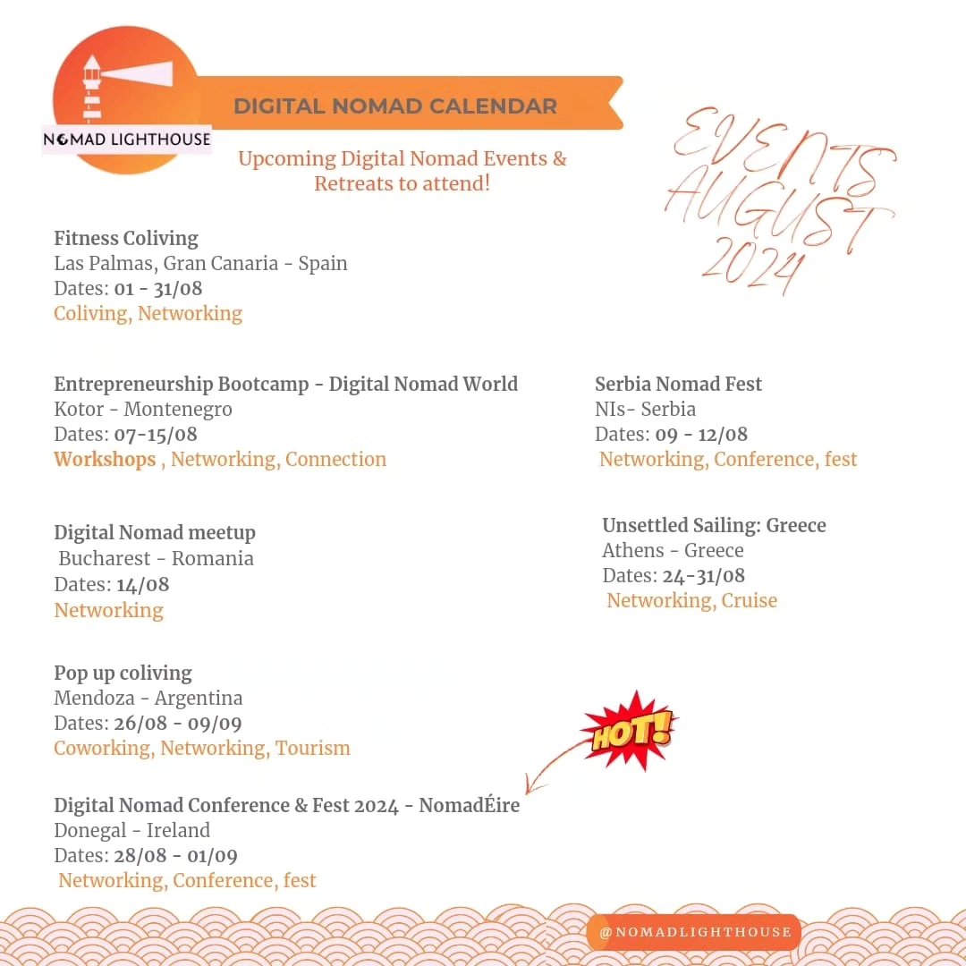 🌍✈️ This year is really flying by, and it is already August!!! Don't miss out on soooo many interesting things happening around the nomad world this month! 📅
Next Events:
Fitness Coliving
https://fitnesscoliving.com/
Entrepreneurship Bootcamp - Digital Nomad World Montenegro
https://digitalnomads.world/event/entrepreneurship-bootcamp-kotor-montenegro
Serbia nomad fest
https://serbianomadfest.com
Digital Nomad meetup
https://www.meetup.com/bucharest-digital-nomads/
Unsettled Sailing: Greece
https://travel.beunsettled.co/products/greece/2024-08-24
Pop up coliving
https://www.argentina-adventure.com/pop-up-coliving-in-mendoza
Digital Nomad Conference & Fest 2024 – NomadÉire
https://nomadeire.com/digital-nomad-conference-2024/
@nomadeire
#DigitalNomad #RemoteWork #JulyEvents #TravelInspiration #ExploreTheWorld #NomadLife #nomadevents #nomadconference