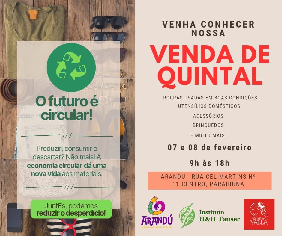 O futuro que a gente quer começa no presente! 💚 🌱
Reutilizar, trocar, ressignificar. Cada escolha importa.
Nossa Venda de Quintal (brechó) é um convite ao consumo consciente, ao cuidado com o planeta e ao fortalecimento da economia local. 🫱🏼🫲🏾
Roupas, objetos, histórias e novas possibilidades esperando por você. 🫵🏽
Vem circular com a gente! 💚♻️
🗓️ 7 e 8 de fevereiro (neste final de semana)
⏰ 9h às 18h
📍 Arandú – Ao lado da Farmaconde em Paraibuna
#arandunvc #ihhf #coletivoyalla #estânciaturisticaparaibuna