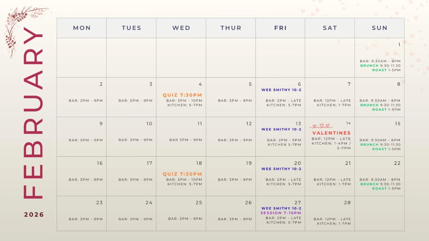 February opening hours for the pub - please note the slightly later opening time of 3pm Mon-Thurs. Our next Quiz is this Wednesday hosted by Sammy, and we have a Moroccan-themed dinner menu available 5-7pm. Please book if you can so we know numbers!