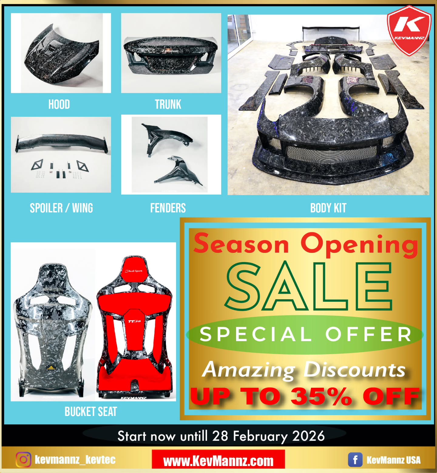 Amazing discount up to 35% from now until 28th February 2026.
✅️ Bodykit: up to 35% off
✅️ Seat: up to 30% off
✅️ Other items: up to 15% off
Don't miss this bigest discount ever, shop now on our website www.KevMannz.com