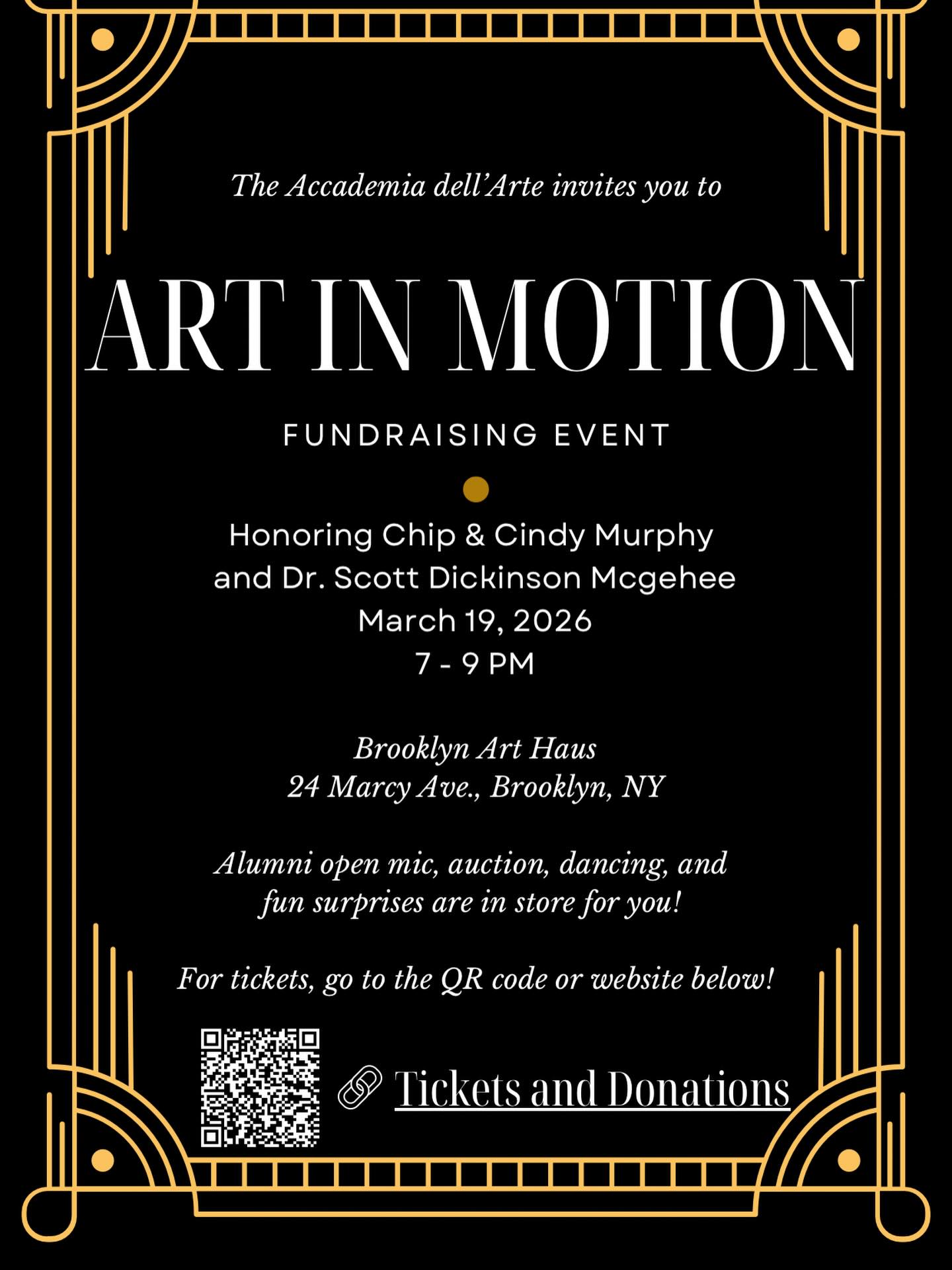 ✨ Celebrate 22 Years of Accademia dell’Arte ✨
For over two decades, Accademia dell’Arte in Arezzo, Italy has been a home for rigorous training, bold creativity, and transformative international study rooted in the physical theatre and dance traditions of Europe. Join us at @bk_arthaus for a special NYC evening honoring our global community — alumni, artists, educators, and friends — as we celebrate the past and launch the future through our ART IN MOTION Capital Campaign.
🎭 Light refreshments • Community • Celebration
🌍 Honoring longtime supporters Chip & Cindy Murphy and Founding President Emeritus Dr. Scott Dickinson McGehee
❤️ Supporting the next generation of artists and international exchange
Reconnect, celebrate, and help move art, artists, and education forward.
🎟️ Get your ticket now: https://www.dellarte.it/event-details/art-in-motion-fundraising-event-for-the-accademia-dellarte
🤝 Can’t attend? Join our network of support as part of the Amici dell’Arte: https://www.dellarte.it/support
#AccademiaDellArte #ArtInMotion #NYCArts #PhysicalTheatre #StudyAbroad SupportTheArts