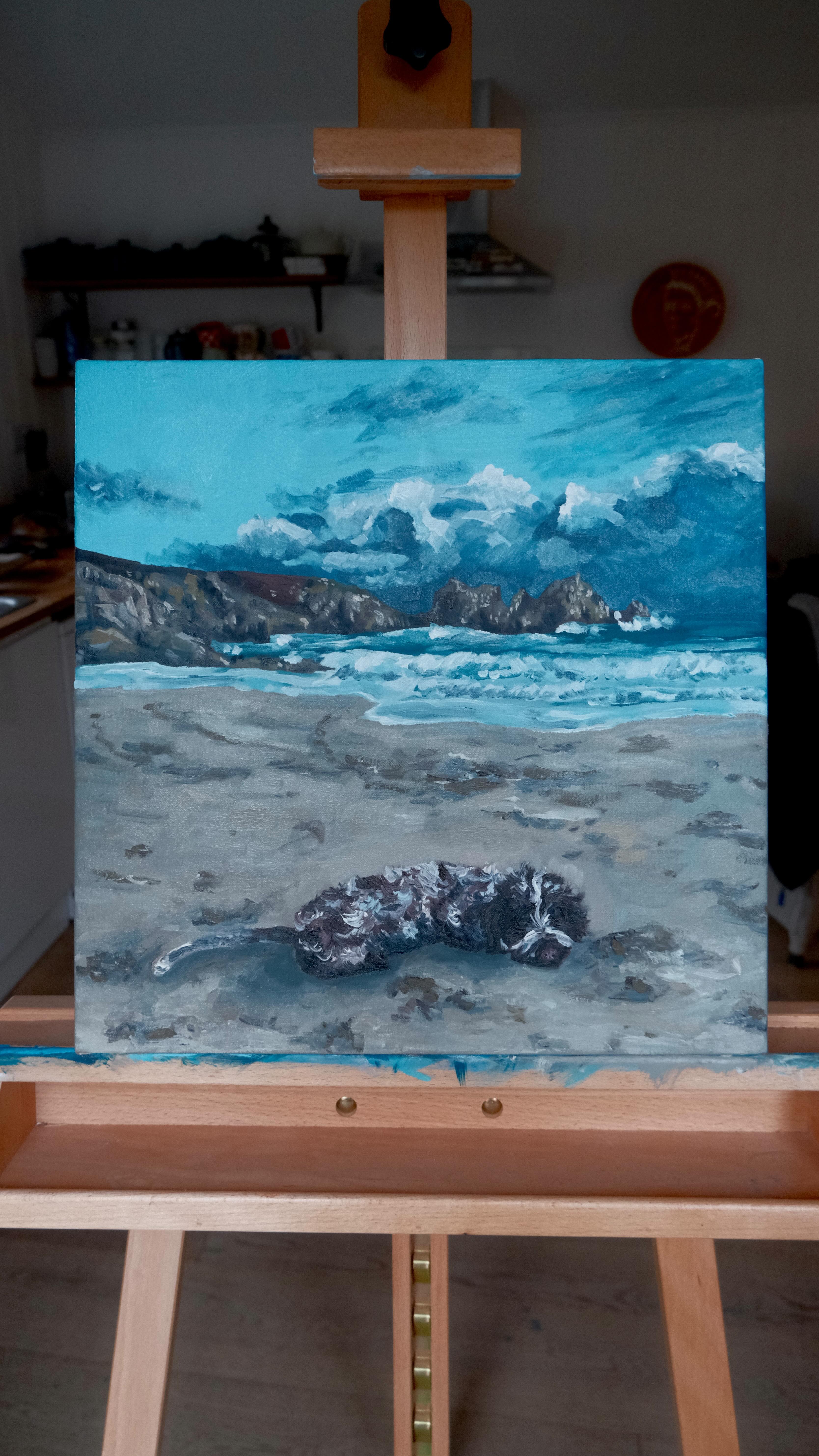A painting of Bramble at Porthcurno when we had the whole beach to ourselves 🌊
#painting #canvaspainting #petportait #oilpainting #fyp