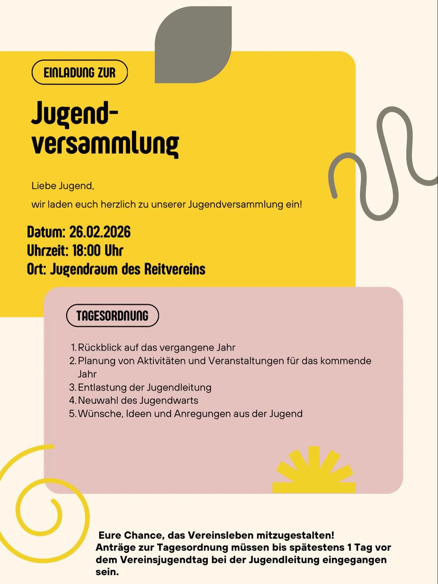 Liebe Jugend! Wir laden euch 💛-lich zu unserer Jugendversammlung am 26.02.2026 ein.
An diesem Tag werden wir unseren neuen Jugendwart wählen, also kommt zahlreich vorbei ✨