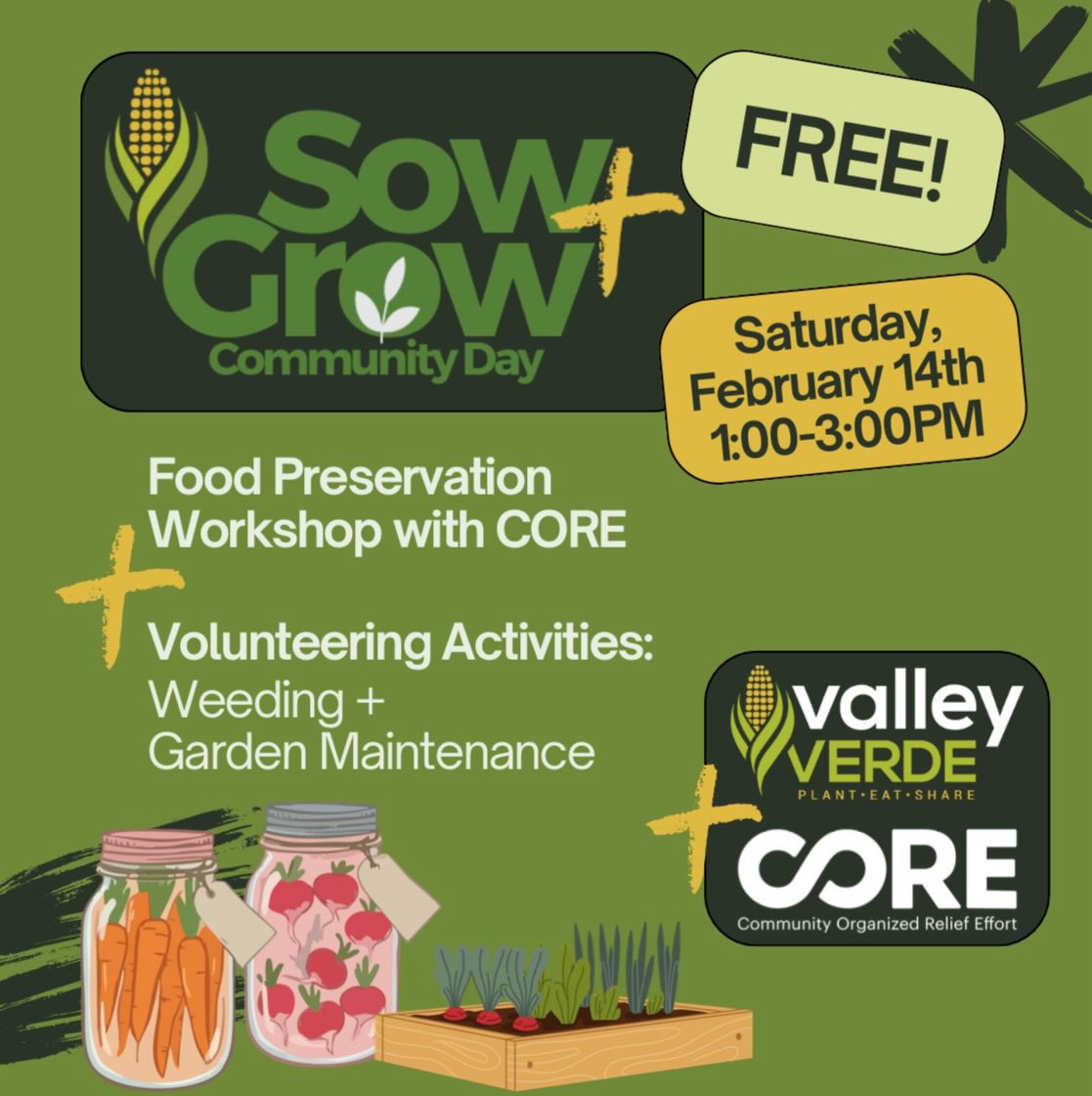 🌱 Sow + Grow Community Day 🌱
Saturday, February 14th | 1–3 PM
We’re excited to partner with CORE for a hands-on afternoon focused on community, resilience, and food access. Join us for garden volunteering and a Food Preservation Workshop as we prepare our community space for spring.
Schedule:
🧑🏽🌾 1:00–2:00 PM — Garden volunteering (weeding + raised bed prep)
🥕 2:00–3:00 PM — Food Preservation Workshop with CORE (learn how to preserve napa cabbage, carrots, and radishes to take home!)
This event is FREE, family-friendly, and open to all.
👉 Please register using the link in our bio.
Interested in learning more about disaster preparedness resources? Follow or sign up through CORE’s Linktree:
🔗 https://linktr.ee/core_crdp_bayarea
#Community #CORE #SowAndGrow #CommunityDay #FoodPreservation 🌿