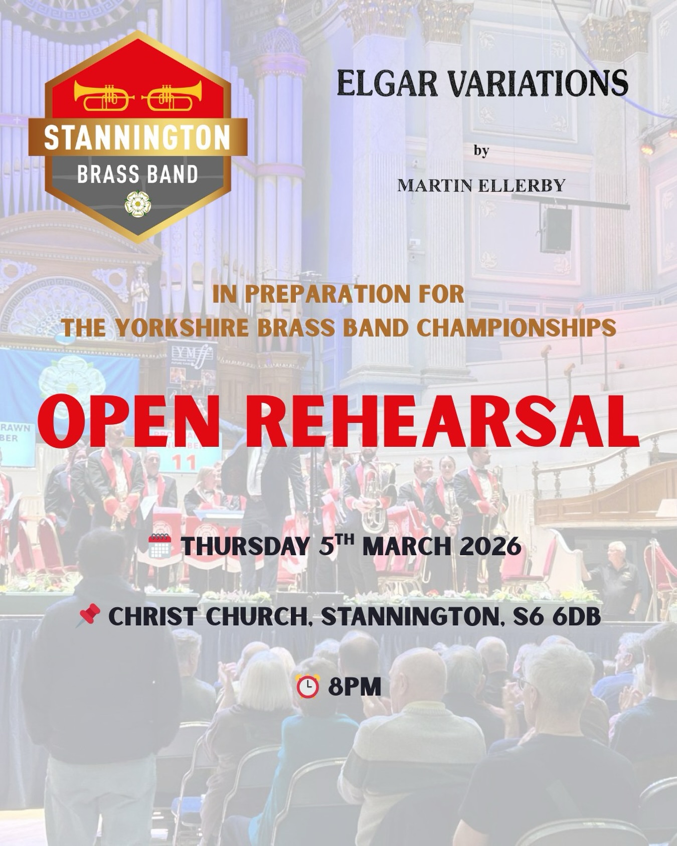 ๐ Open Rehearsal - 1 Month To Go!
In preparation for the Yorkshire Brass Band Championships this March, weโre opening our doors in exactly 1 monthโs time for an Open Rehearsal!
We invite you to join us as we work through Martin Ellerbyโs Elgar Variations ๐ถ
๐ Thurs 5 March | Christ Church, Stannington
โฐ 8pm