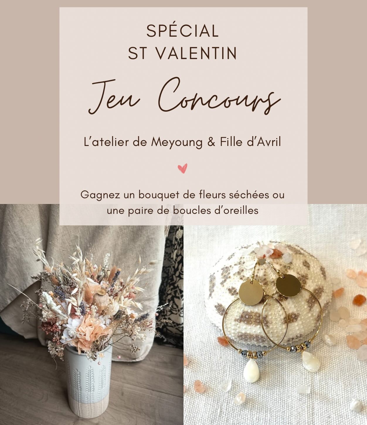 Jeu concours St Valentin 💘 : gagnez un grand bouquet de fleurs séchées réalisé par @frenchladyso ou une paire de boucles d’oreilles plaquées or @fille_davril_ . Pour cela vous devez être abonné aux 2 comptes et laisser un commentaire sous la photo. Bonne chance 🍀 ! Fin du concours vendredi 13 février 20h.