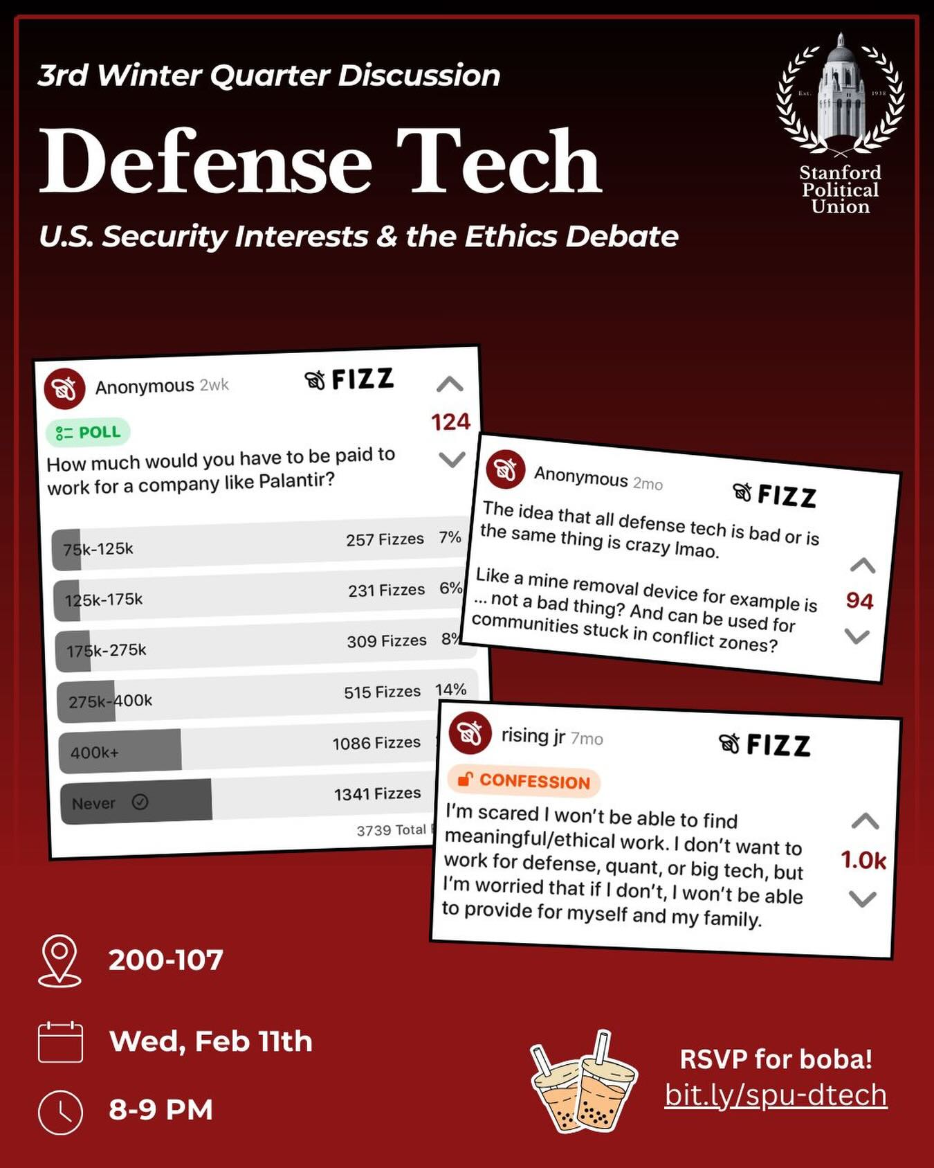 The debate on Defense Tech is growing on campus…
Join us tomorrow, February 11th at 8pm to discuss how the defense tech industry fits into the U.S.’ security efforts and interests, as well as the ethical debate surround it.
Don’t forget to RSVP @ bit.ly/spu-dtech.
