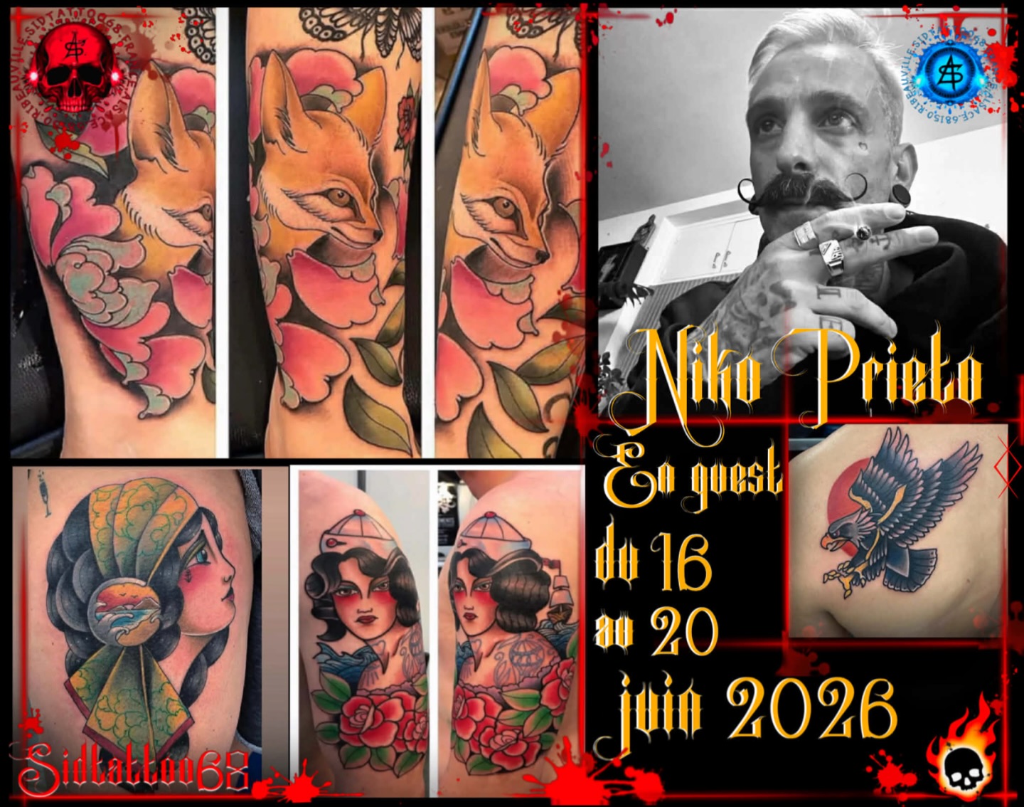 🔥 NIKO PRIETO — TATTOUEUR EN GUEST CHEZ SIDTATTOO68 🔥
📅 Du 16 au 20 juin
Du 16 au 20 juin, SidTattoo68 a le plaisir d’accueillir Niko Prieto, tatoueur animé par une vraie passion du métier et des valeurs fortes, profondément ancrées dans la culture tattoo.
🖋️ Un style solide et maîtrisé
Niko travaille principalement en Old School et New School, avec une parfaite maîtrise des bases traditionnelles : lignes nettes, compositions équilibrées et couleurs durables. Chaque pièce est réalisée avec exigence, en y intégrant sa touche personnelle, reconnaissable et sincère.
🤝 À l’écoute et respectueux de chaque projet
Ouvert aux demandes de la clientèle, Niko sait s’adapter à chaque projet tout en restant fidèle à son identité artistique. Il accorde une grande importance à l’échange, au respect du corps et à la cohérence du tatouage dans le temps.
🧭 Un homme de valeurs
Au-delà du style, Niko incarne une vision droite et honnête du tatouage : respect du métier, respect du client, humilité, transmission et passion du travail bien fait. Une approche authentique, loin des tendances éphémères, portée par une vraie éthique professionnelle.
📍 Guest spot chez SidTattoo68
📆 Du 16 au 20 juin
⚠️ Places limitées —un rendez-vous? Contacter nous en mp !!
👉 Contactez-nous pour prendre votre rendez-vous et passer une journée de partage, placée sous le signe du tatouage, de l’échange et de la passion.