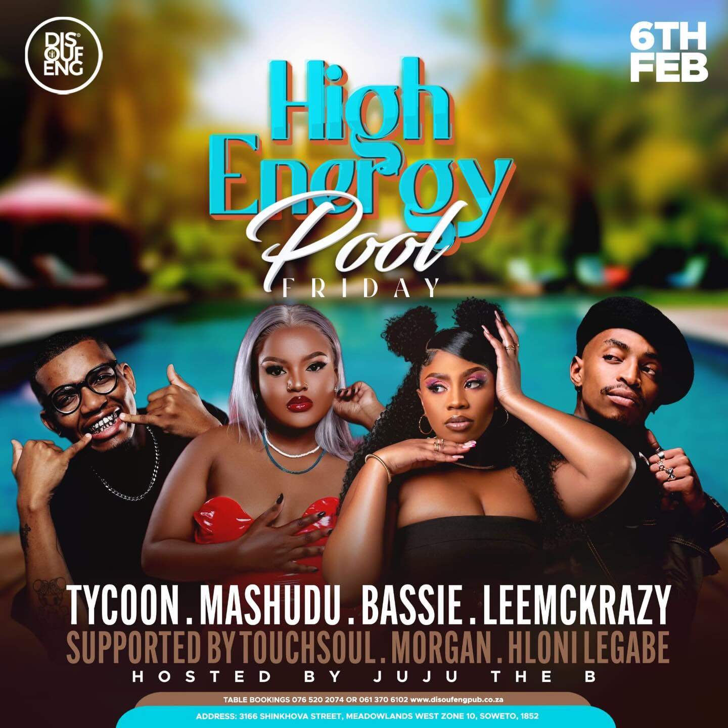 🚨🚨🚨
💫 HIGH ENERGY FRIDAY 💫
Every Friday is a fresh start 💃
Pull up and catch your favourite acts tomorrow!
🎧 Sounds by:
• Tycoon
🎤 Live performances:
• Bassie
• Mashudu
• LeeMckrazy
Hosted by Juju The B
🍻 FREE ENTRY
🔥 Bar specials till 8PM
Don’t miss it. We outside! 🕺🏽✨