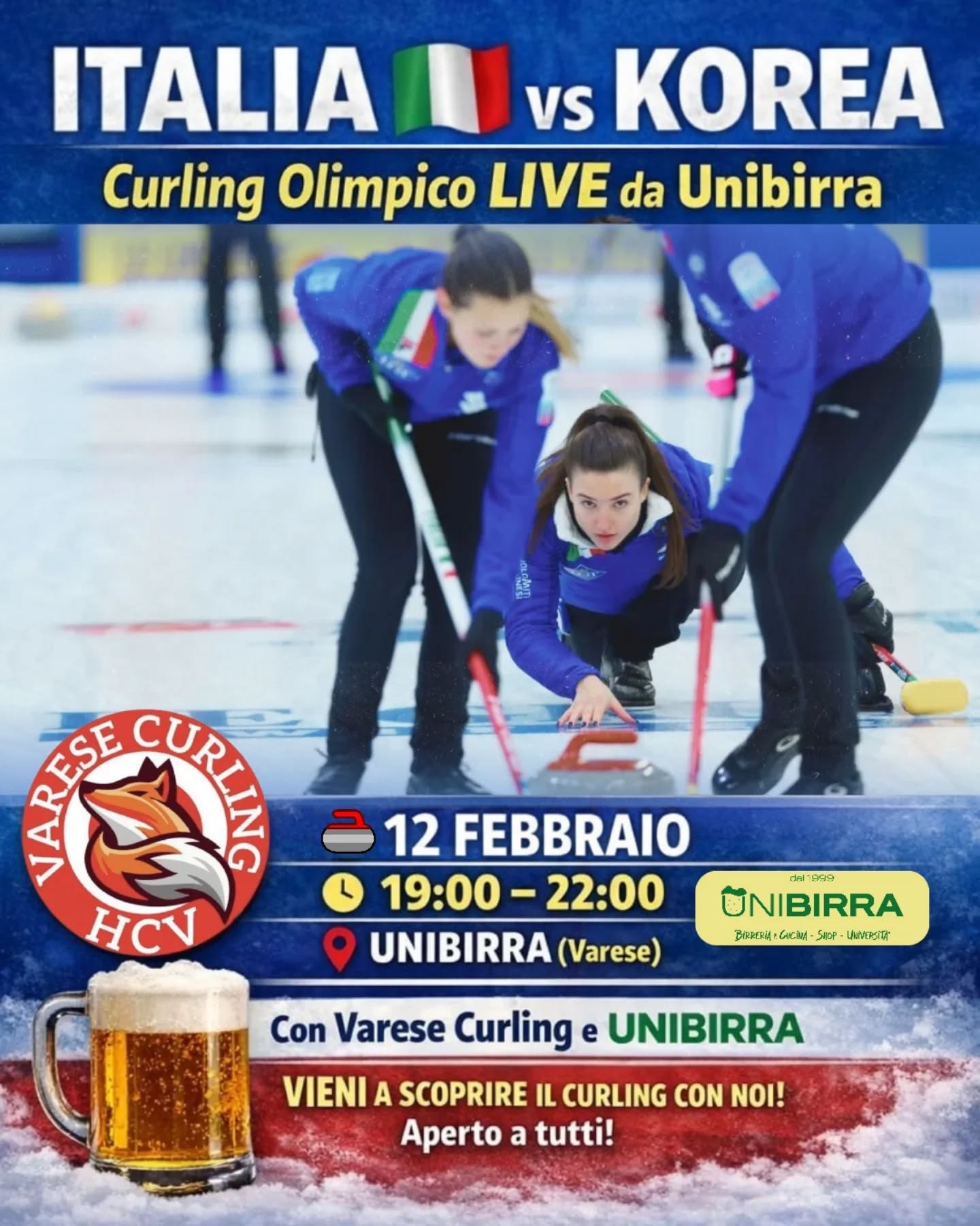 🥌🔥 Serata Olimpica di Curling da Unibirra! 🇮🇹
Il 12 febbraio ci troviamo da @unibirra insieme al Varese Curling per vivere in diretta la sfida olimpica della nazionale femminile 🇮🇹, capitanata da Stefania Constantini, contro la Corea!
📺 Guarderemo la partita live, la commenteremo insieme e… potrete anche provare il curling da tavolo per entrare davvero nel clima olimpico!
🗓 Quando: 12 febbraio
⏰ Orario: dalle 19:00 alle 22:00
📍 Dove: Unibirra - Via Duca degli Abruzzi 130
Che siate appassionati, curiosi o semplicemente vogliate passare una serata diversa con una buona birra 🍺, vi aspettiamo per tifare insieme! 💙🥌
#VareseCurling #varesenews #milanocortina2026 #StefaniaConstantini #curling