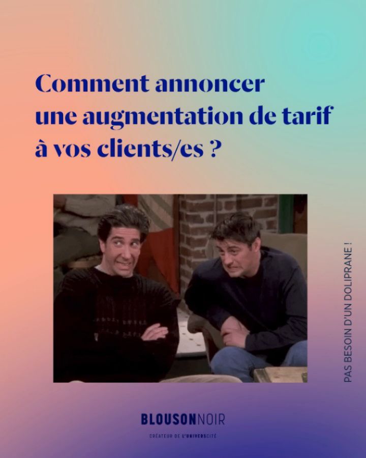 Vous n'avez pas changé vos tarifs depuis un moment…
Vous ne l’avez peut-être même encore jamais fait… 😬
L’idée d’augmenter votre prix et de devoir l’annoncer vous met très mal à l’aise. 😱
Mais, tout augmente.
Vos tarifs ne peuvent plus attendre !
Voici des conseils pour annoncer habilement à vos clients/es l’augmentation de vos tarifs. 😁
Si ce post vous aide, partagez-le avec d’autres entrepreneurs/es créatifs/ves. Merci à vous ! 😁🙏
Et si vous souhaitez être accompagné/e pour :
• structurer votre activité de designer ou d’artiste,
• développer votre Chiffre d’Affaires,
• améliorer la rentabilité de votre entreprise,
• et dépasser les blocages qui vous limitent…
Découvrez le programme complet de l’accompagnement L’UNIVERSCITÉ sur le site (lien en bio).
• Accompagnement pris en charge à 100% par L’AFDAS (sous conditions)
Pour en savoir plus, vous pouvez :
📞 réserver un rendez-vous découverte (lien en bio),
💬 ou m’envoyer un MP. 😁
BLOUSON NOIR est un organisme de formation certifié Qualiopi qui accompagne les métiers de la création à développer leur activité d’entrepreneurs/es créatifs/ves.
#MentorBusiness #FormationProfessionnelle #EntrepreneuriatCreatif #VivreDeSonActivite