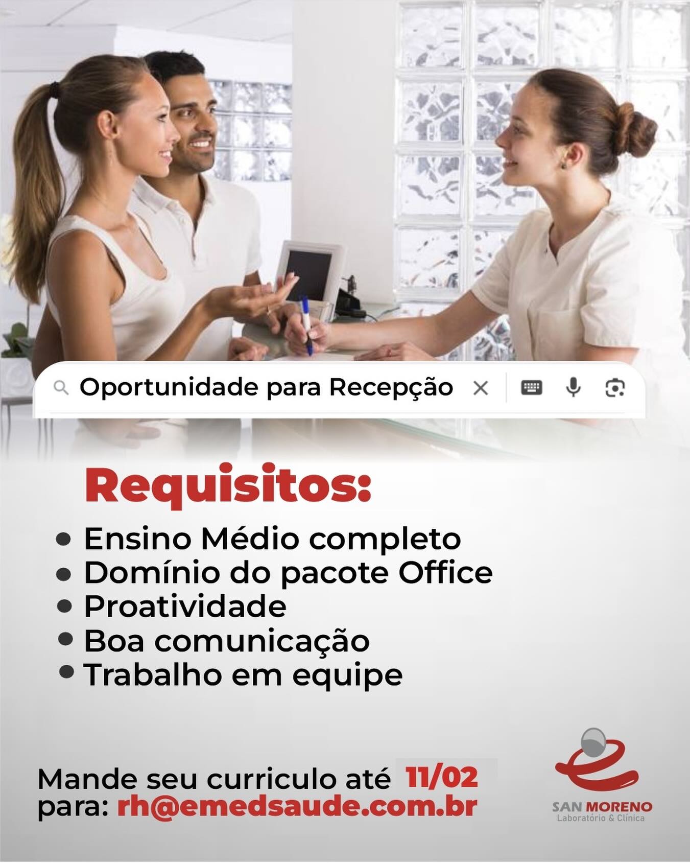Oportunidade!!
Se você se identificou com os requisitos mande seu currículo para nós até o dia 11/02.
Boa sorte!