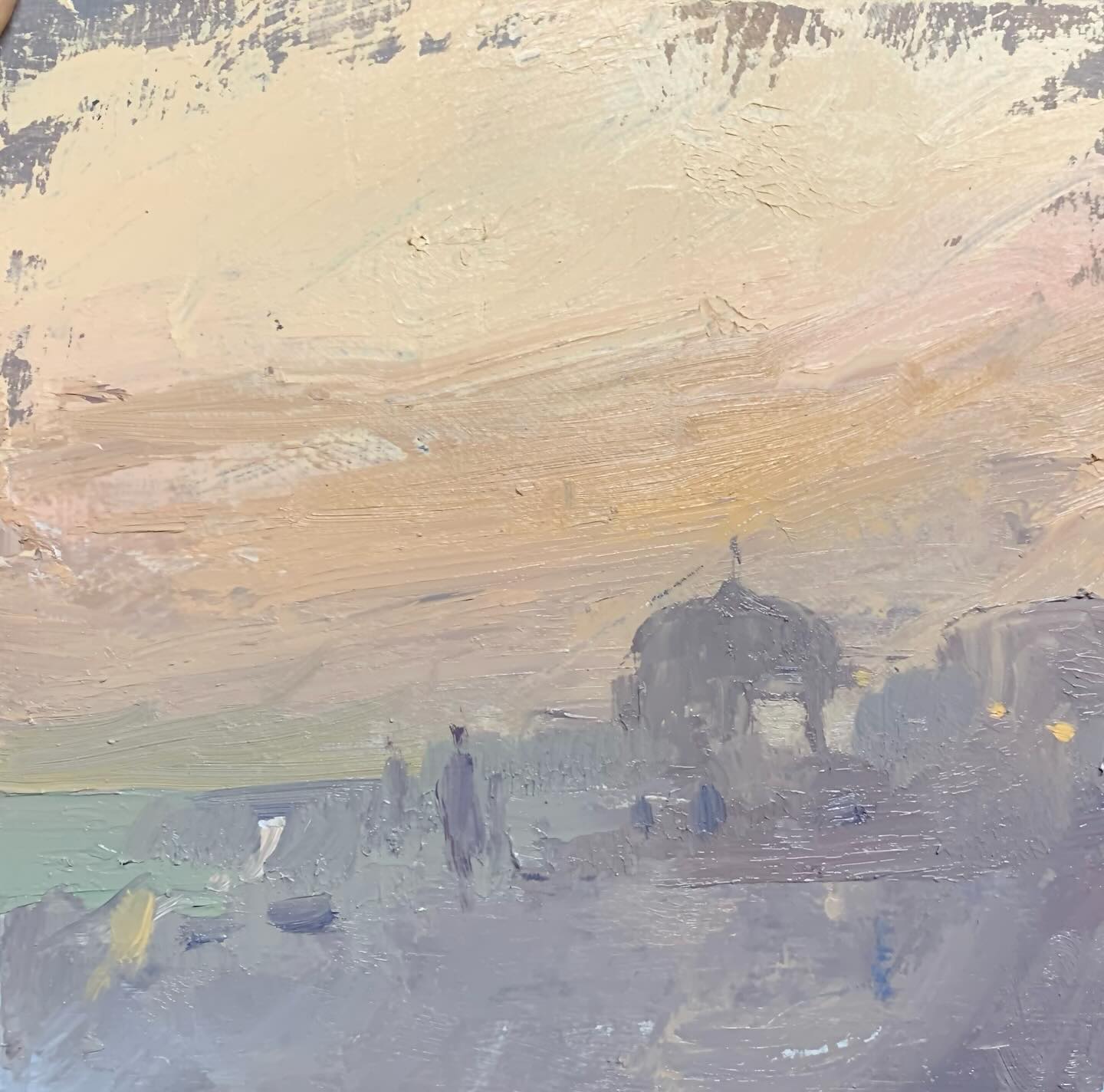 Sunset over the bandstand on Eastbourne Promenade.
#eastbourne_insta #sunsetpainting #oilpainting @royalinstituteofoilpainters