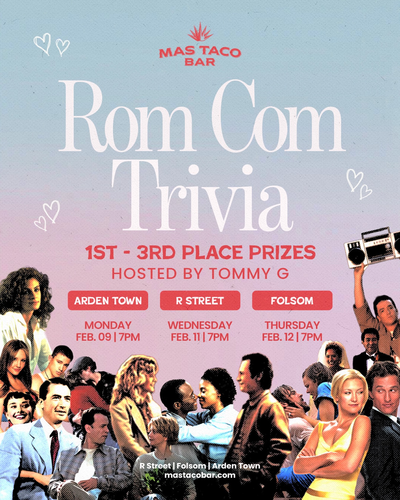 meet-cute energy, but make it trivia 💘🌮rom com trivia night is happening at mas taco bar ....
