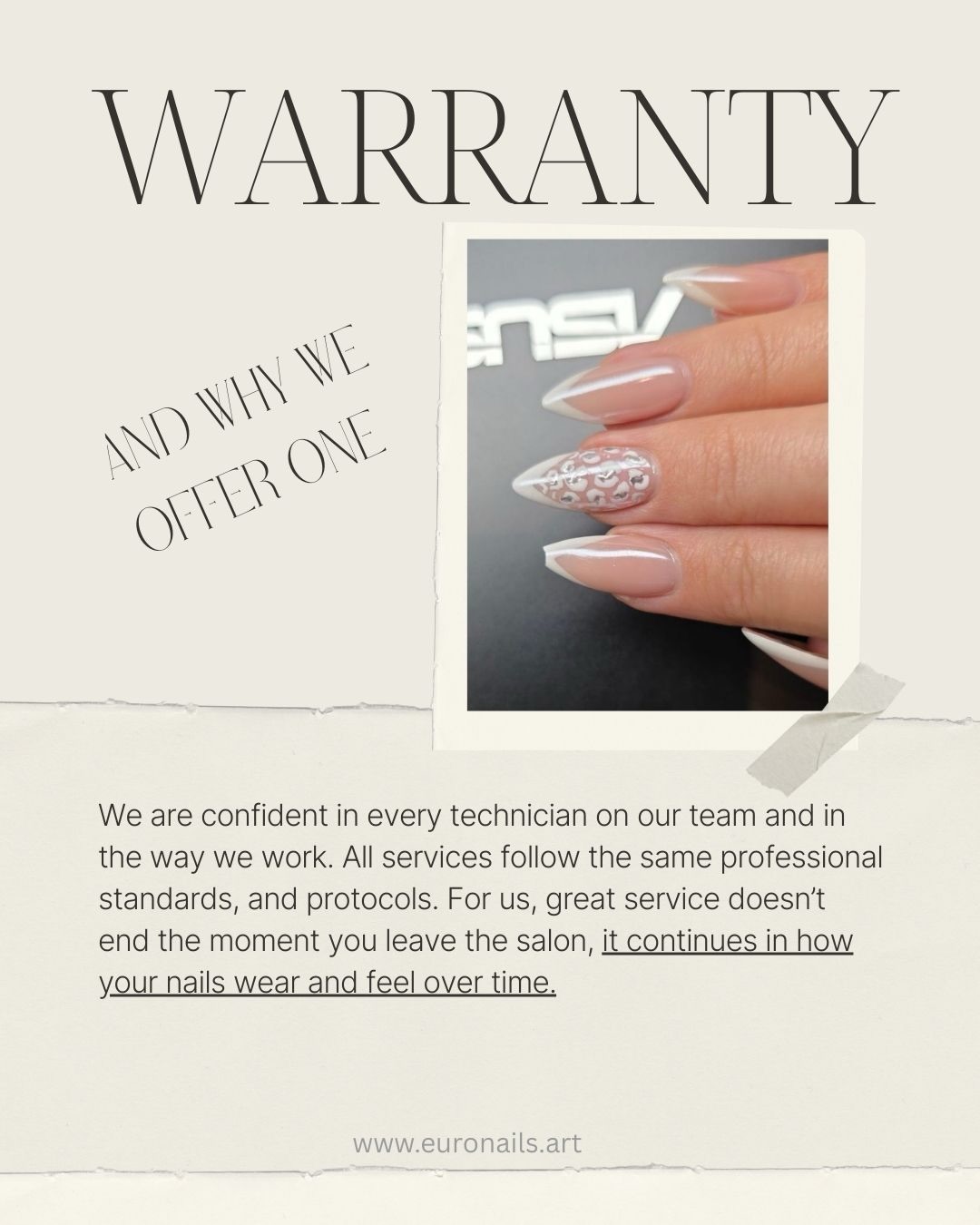 We offer a warranty because your nails matter to us.
It’s our way of standing behind our work and making sure you feel confident, cared for, and supported. 🤍 Text, DM or Call us if you have any questions.