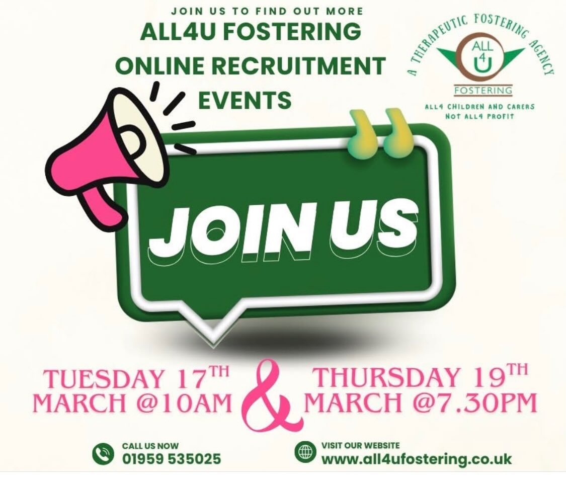 Join us online for a chat and to find out more about fostering. Contact us for an invite on tel: 01959 535025 or email team@all4ufostering.co.uk . We operate in Kent, South London, Bucks, Herts and Northants