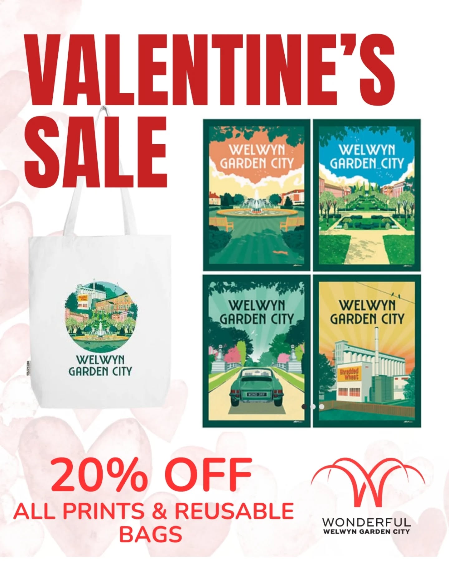 💕 Love Welwyn Garden City this Valentine’s 💕
Show your love by shopping the Celebrate Wonderful WGC Collection and enjoy 20% OFF all prints and reusable bags.
The perfect gift idea, a thoughtful Valentine’s gift, or a stylish way to carry your shopping while supporting local.
No code needed, your 20% discount will be automatically applied at POS in your basket.
And even better… all profits are reinvested into town centre events, campaigns and initiatives, helping to keep Welwyn Garden City vibrant and thriving 💛
📅 Offer valid from today until Sunday 15th February.
Browse and shop via the link in our comment section below 👇
Shop local | Celebrate WGC | Share the love.
#loveWGC #celebratewonderfulwgc #shoplocalwelwyn #ValentinesSale #supportlocal welwyngardencity CommunityLove