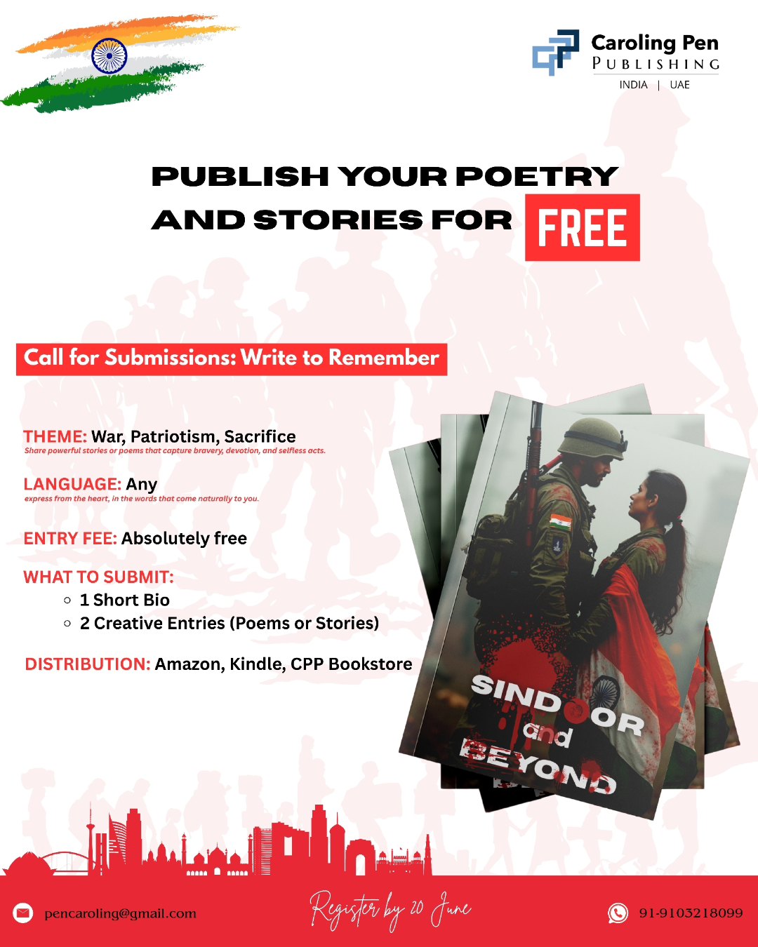 Calling all writers! ๐โ๏ธ
Exciting opportunity to be a part of 'Kahaani' program by Caroling Pen Publishing! ๐
Introducing 'Sindoor and Beyond' a collection of stories that weave the themes of war, patriotism, and sacrifice. ๐๐
Key highlights:
๐น Free entry and publishing
๐ Global availability
๐ Last date to register: 20th June
Don't miss this chance to share your story with the world! ๐
Submission link is in our bio! ๐ฒ
#SindoorAndBeyond #KahaaniProgram #CarolingPenPublishing #WritingOpportunity #GlobalAuthors"