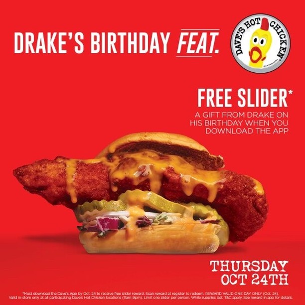 If you don't know, now you know.
#Celebrate Drake's Birthday today, available at ALL Dave’s Hot Chicken locations between 11 a.m. and 9 p.m.
Happy Birthday, Drake!
#tenantrep #daveshotchicken #commercialrealestate #retailwest #pleasanthill #bayarea #dhc